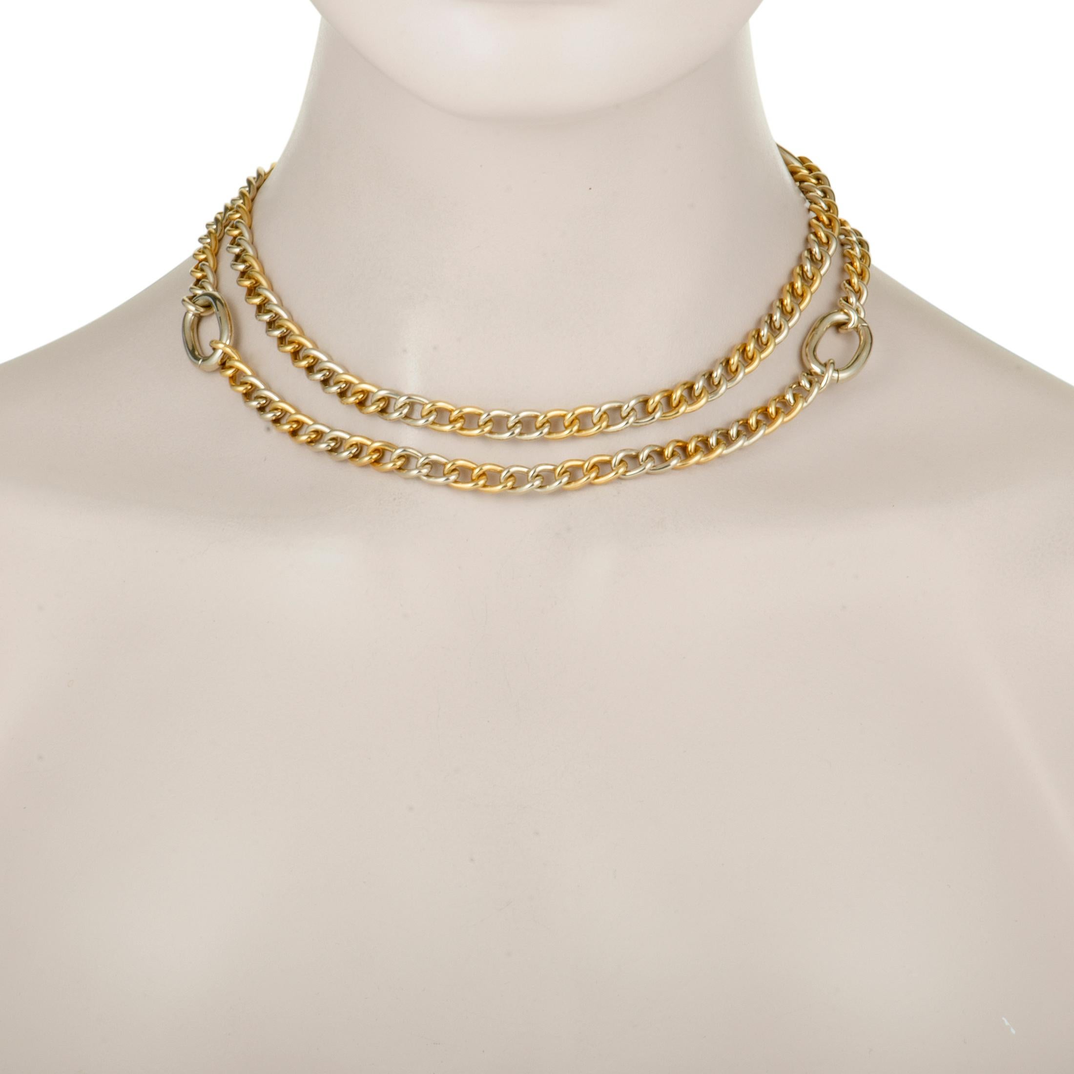 An exceptionally classic design is beautifully presented in prestigious gold in this fascinating necklace that is created by Pomellato, boasting exquisite craftsmanship quality. The necklace is made of 18K yellow and 18K white gold and weighs 149