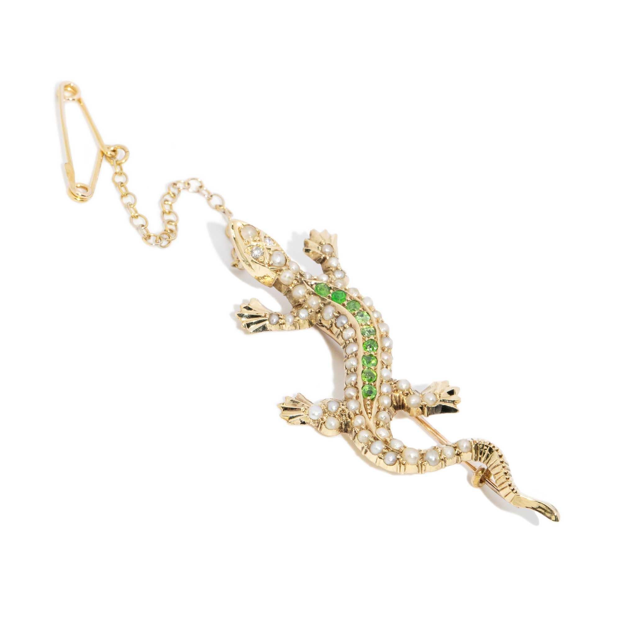 Edwardian Antique Demantoid Pearl & Diamond Salamander Brooch 15 Carat Yellow Gold For Sale