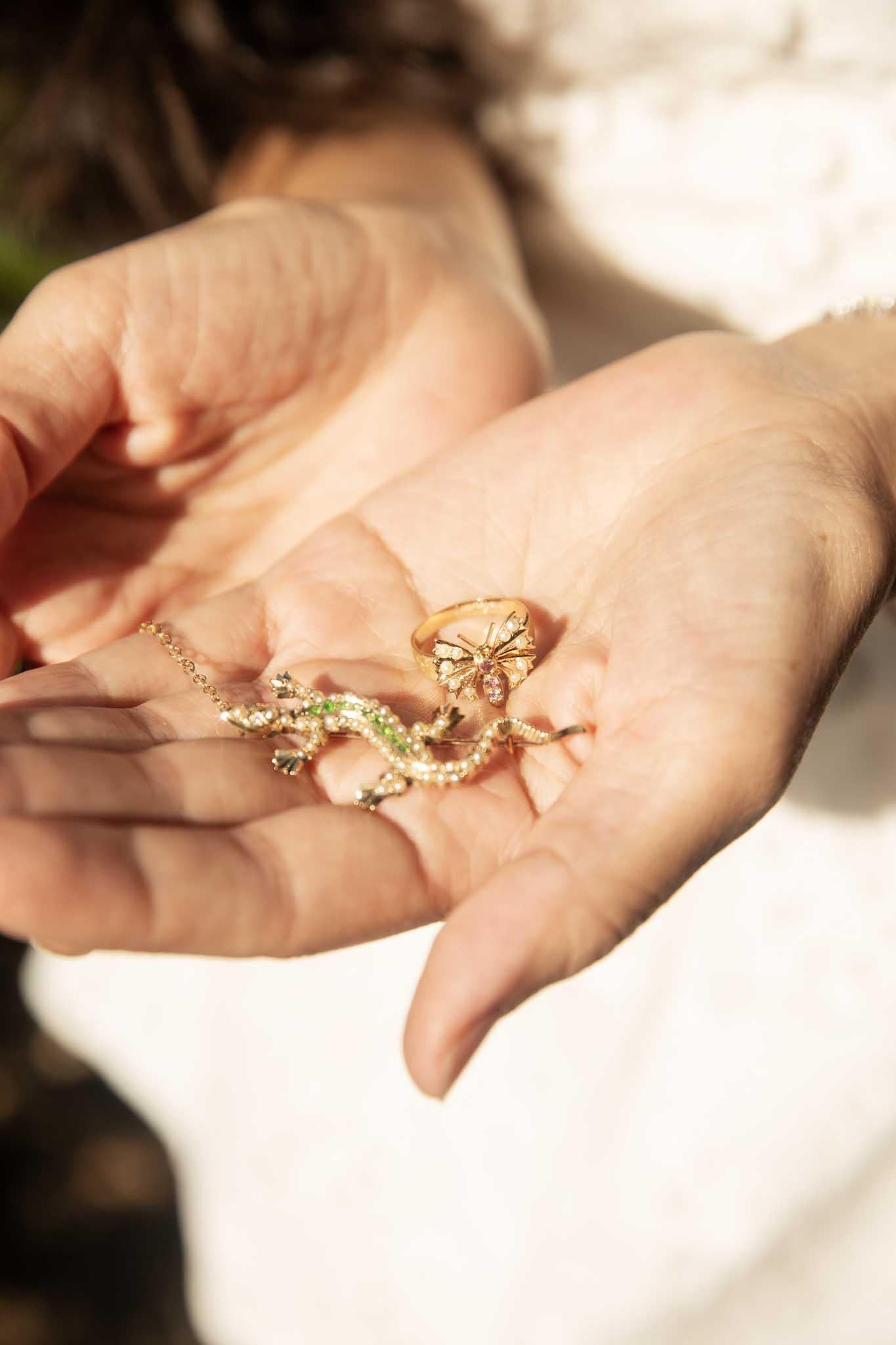 Round Cut Antique Demantoid Pearl & Diamond Salamander Brooch 15 Carat Yellow Gold For Sale