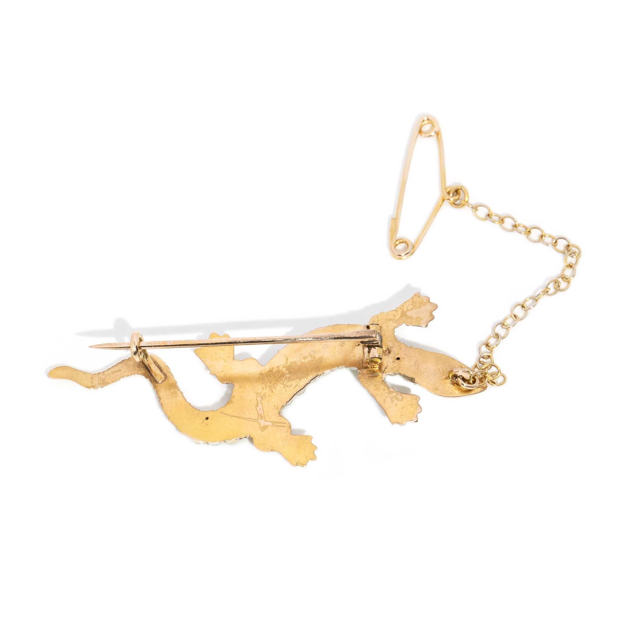 Antique Demantoid Pearl & Diamond Salamander Brooch 15 Carat Yellow Gold For Sale 1