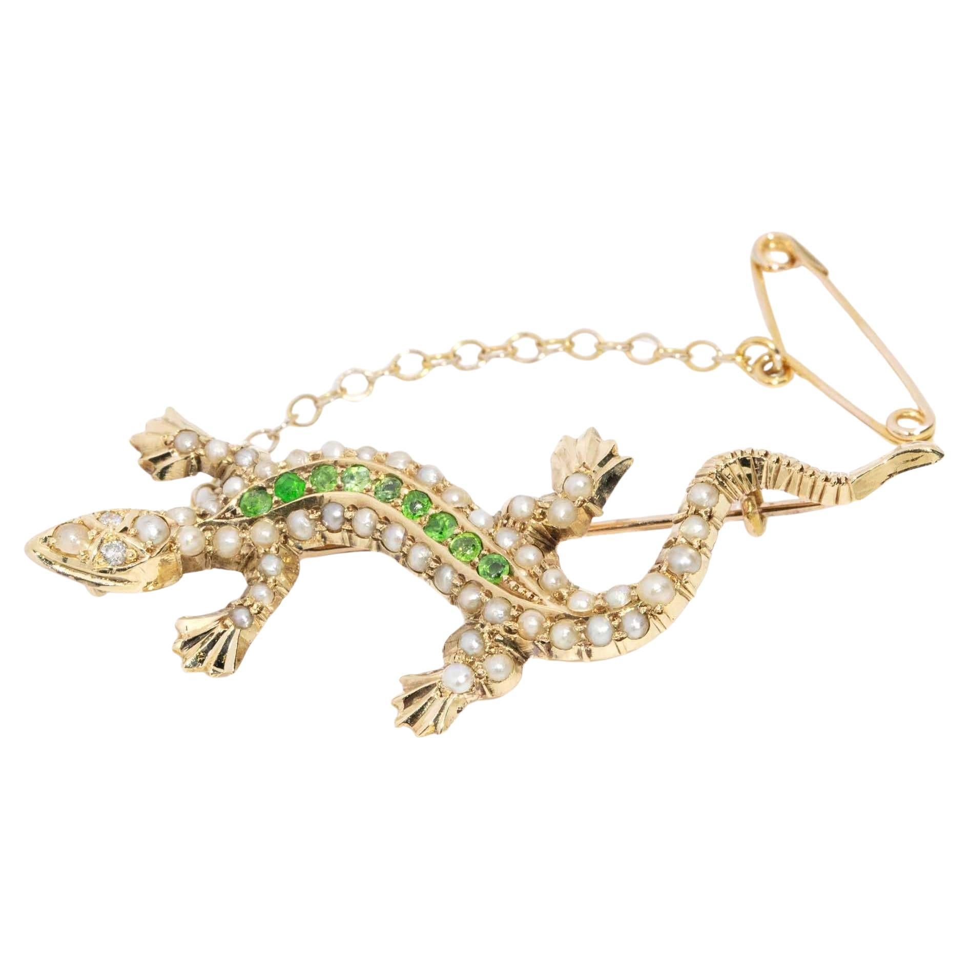 Antique Demantoid Pearl & Diamond Salamander Brooch 15 Carat Yellow Gold