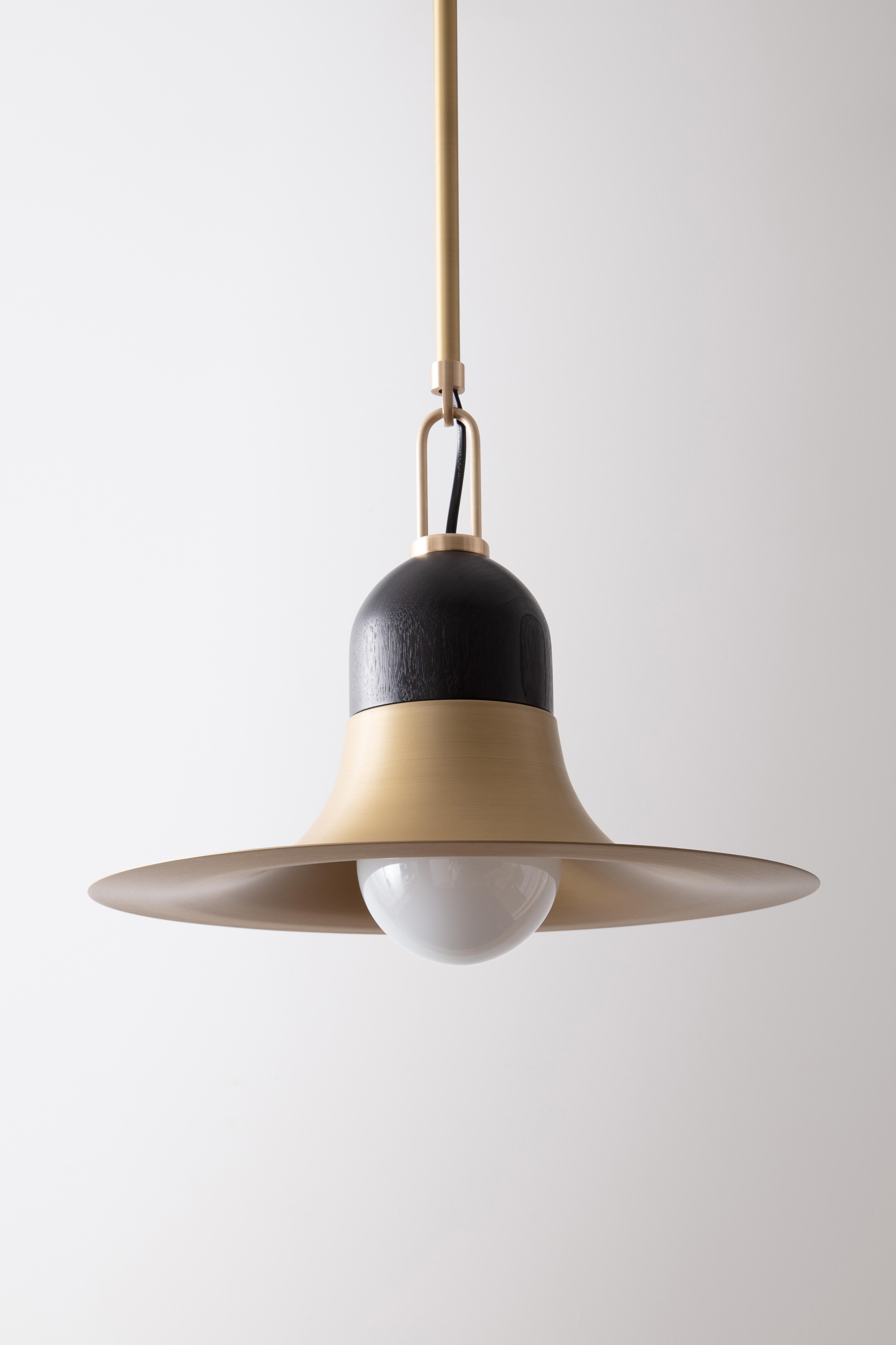The Pommer pendant features a trumpet-like shade available in contrasting metal and wood finishes. The graceful dome shape smoothly transitions between materials. Ornamentation is found in the form, rather than applied to the surface. Metal and wood