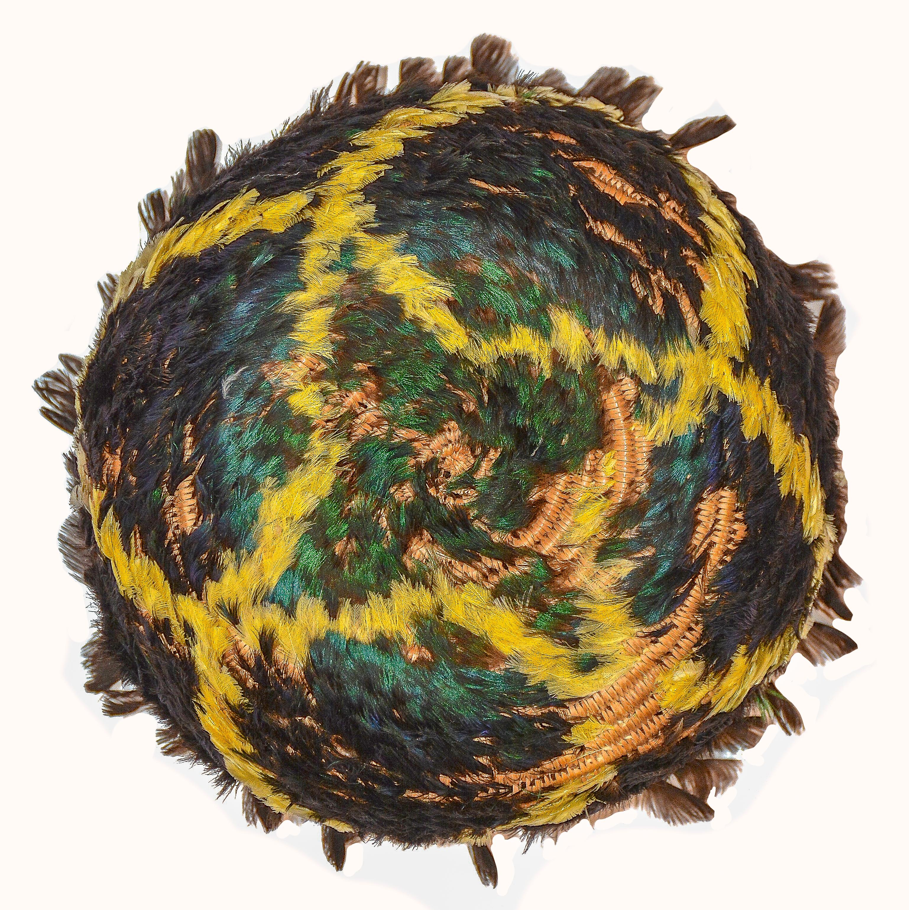 American Pomo Coiled and Feather Basket For Sale