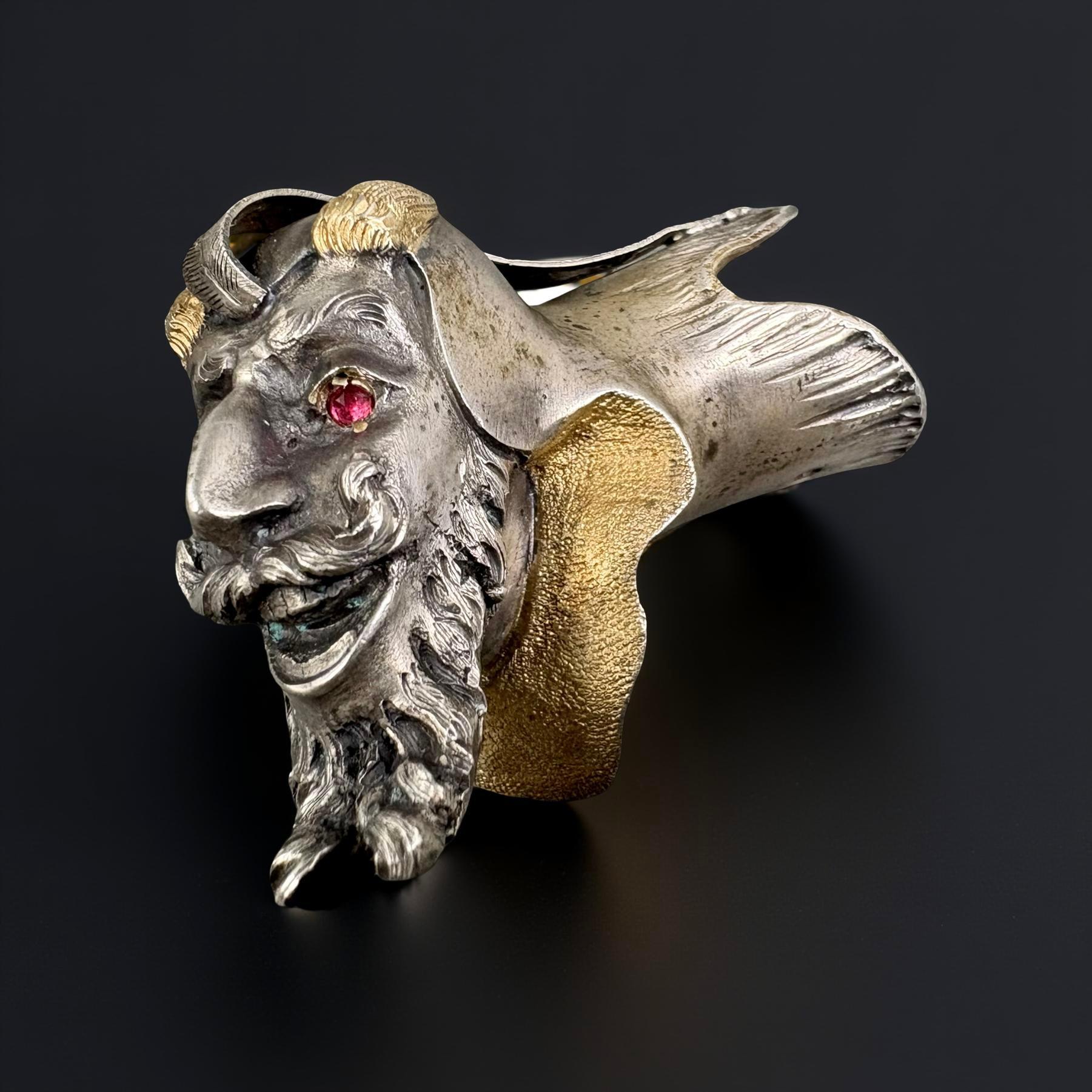 Napoleone III Pomo di Bastone da Collezione Argento e Vermeil Testa di Mefistofele XIX