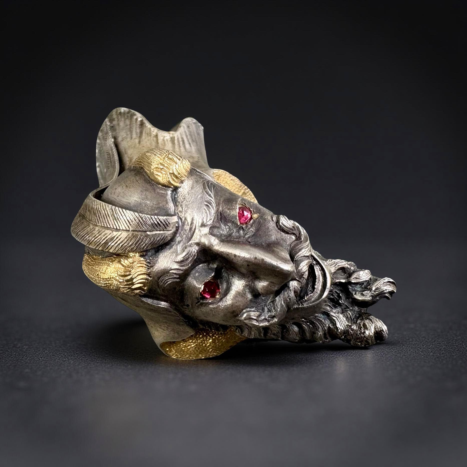 Europeo Pomo di Bastone da Collezione Argento e Vermeil Testa di Mefistofele XIX