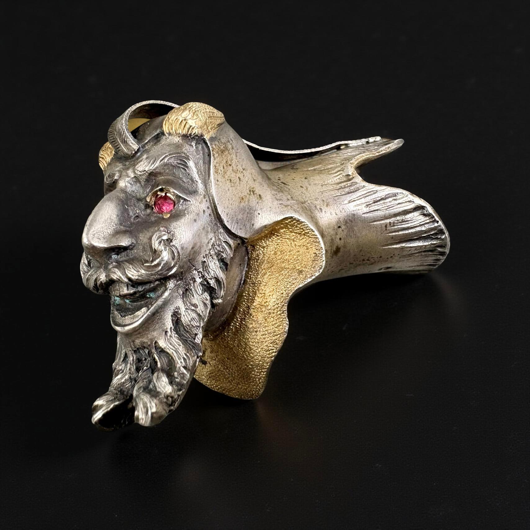 XIX secolo Pomo di Bastone da Collezione Argento e Vermeil Testa di Mefistofele XIX