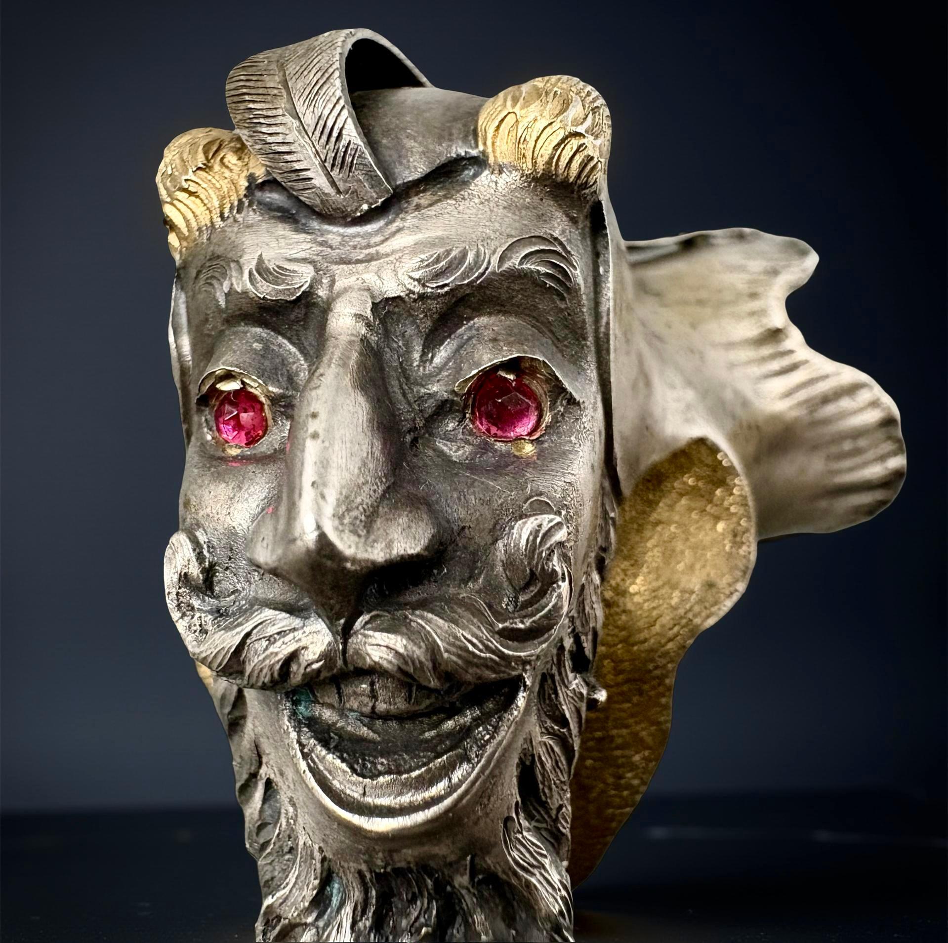 Pomo di Bastone da Collezione Argento e Vermeil Testa di Mefistofele XIX 1