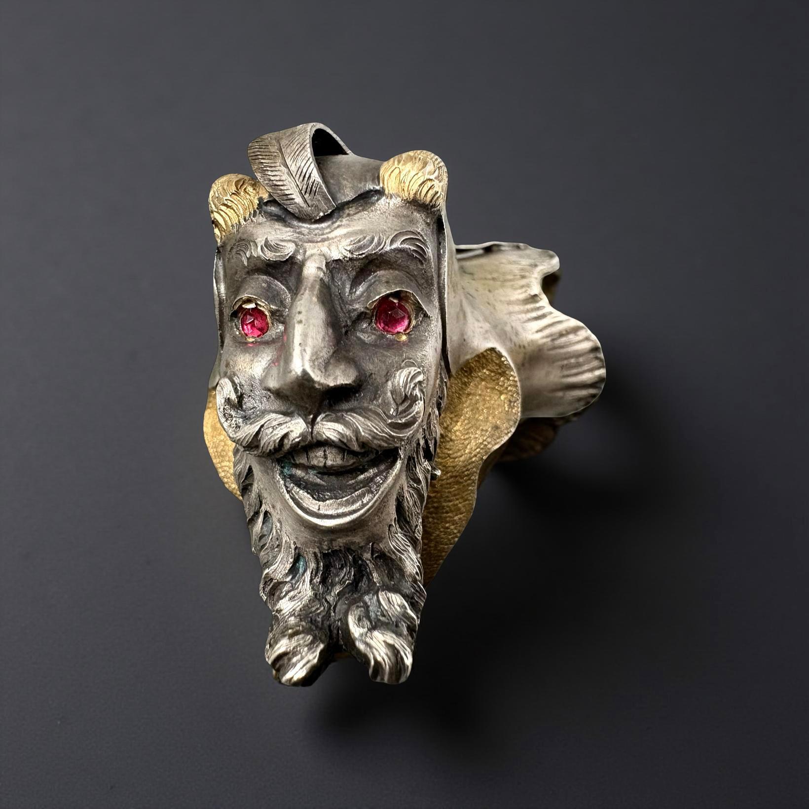 Pomo di Bastone da Collezione Argento e Vermeil Testa di Mefistofele XIX 2