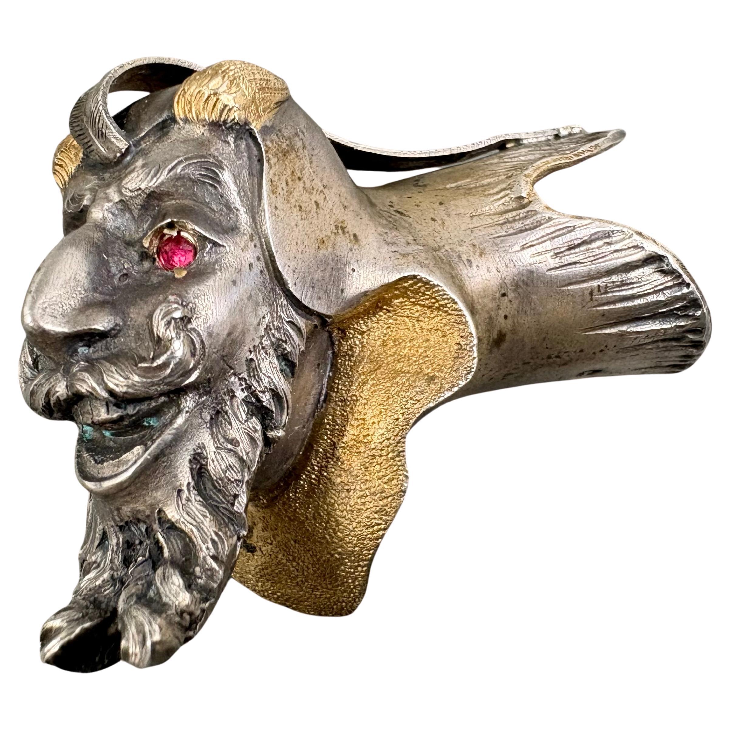 Pomo di Bastone da Collezione Argento e Vermeil Testa di Mefistofele XIX