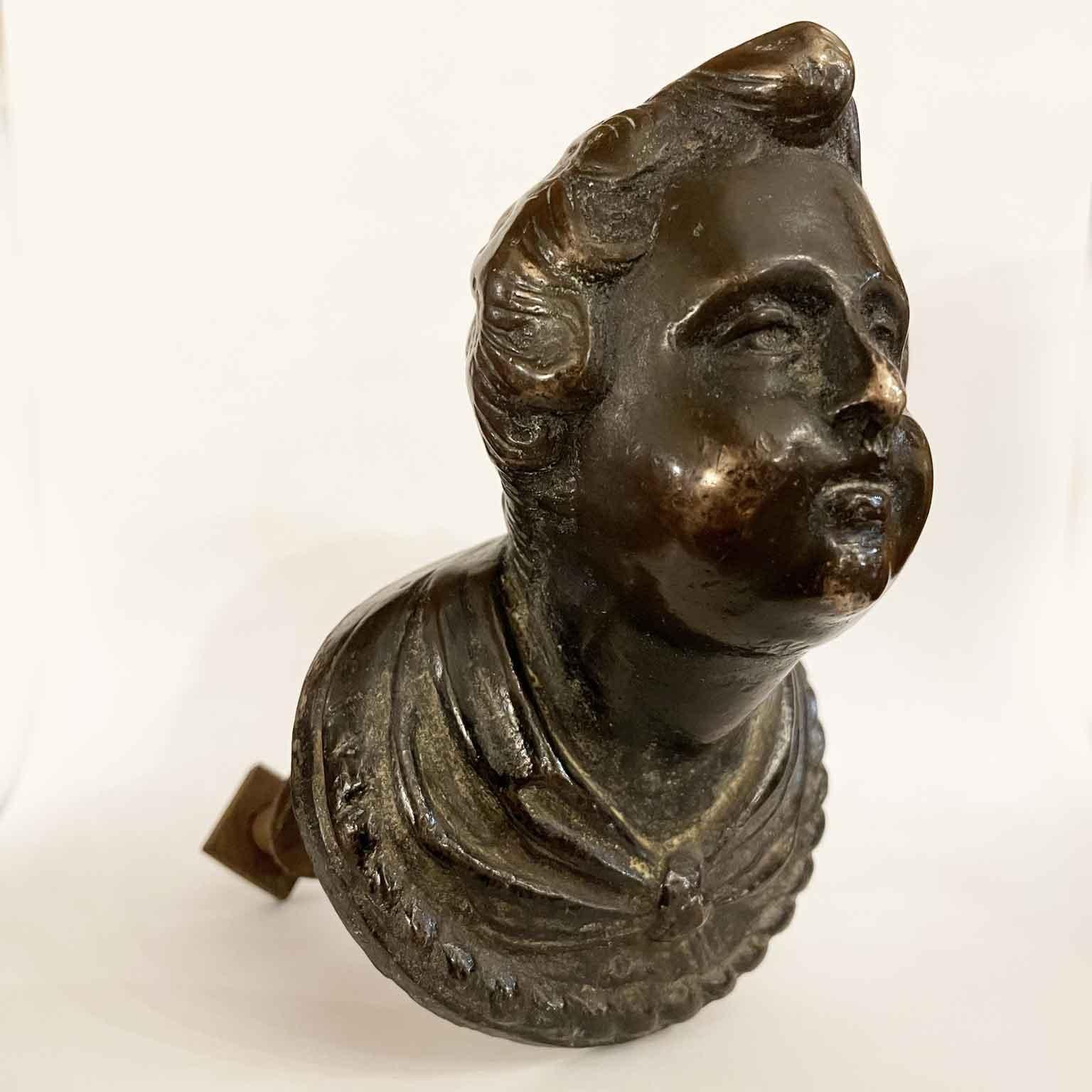 Baroque Figurative Knob in Bronze 1600 Italian Handle with Bust of Boy  For Sale