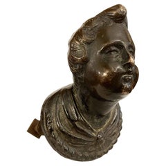 Figurative Knob in Bronze 1600 Italian Handle with Bust of Boy 