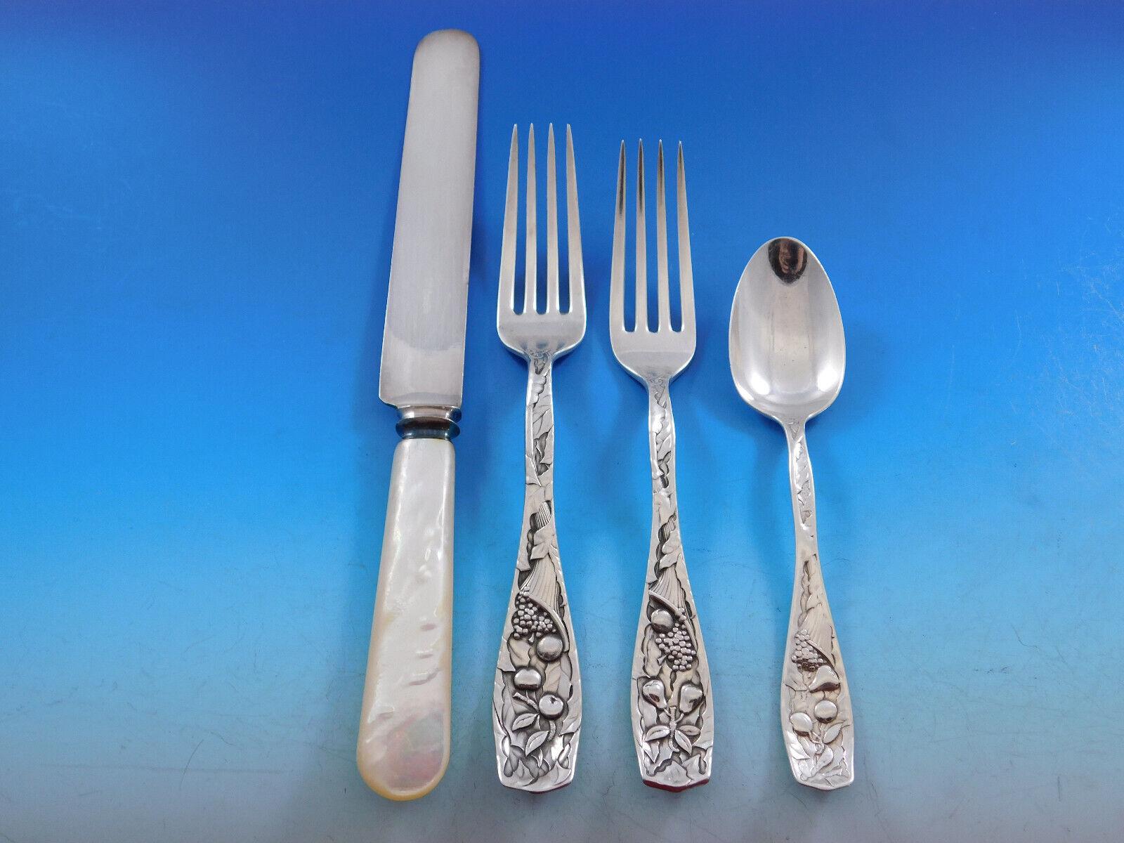 Rare multi-motif fruit design Pomona by Towle, c1887, sterling silver Flatware set - 73 pieces (including 12 Mother of Pearl Dinner Knives). This set includes:

12 Mother of Pearl handle Dinner Knives, 9 3/4