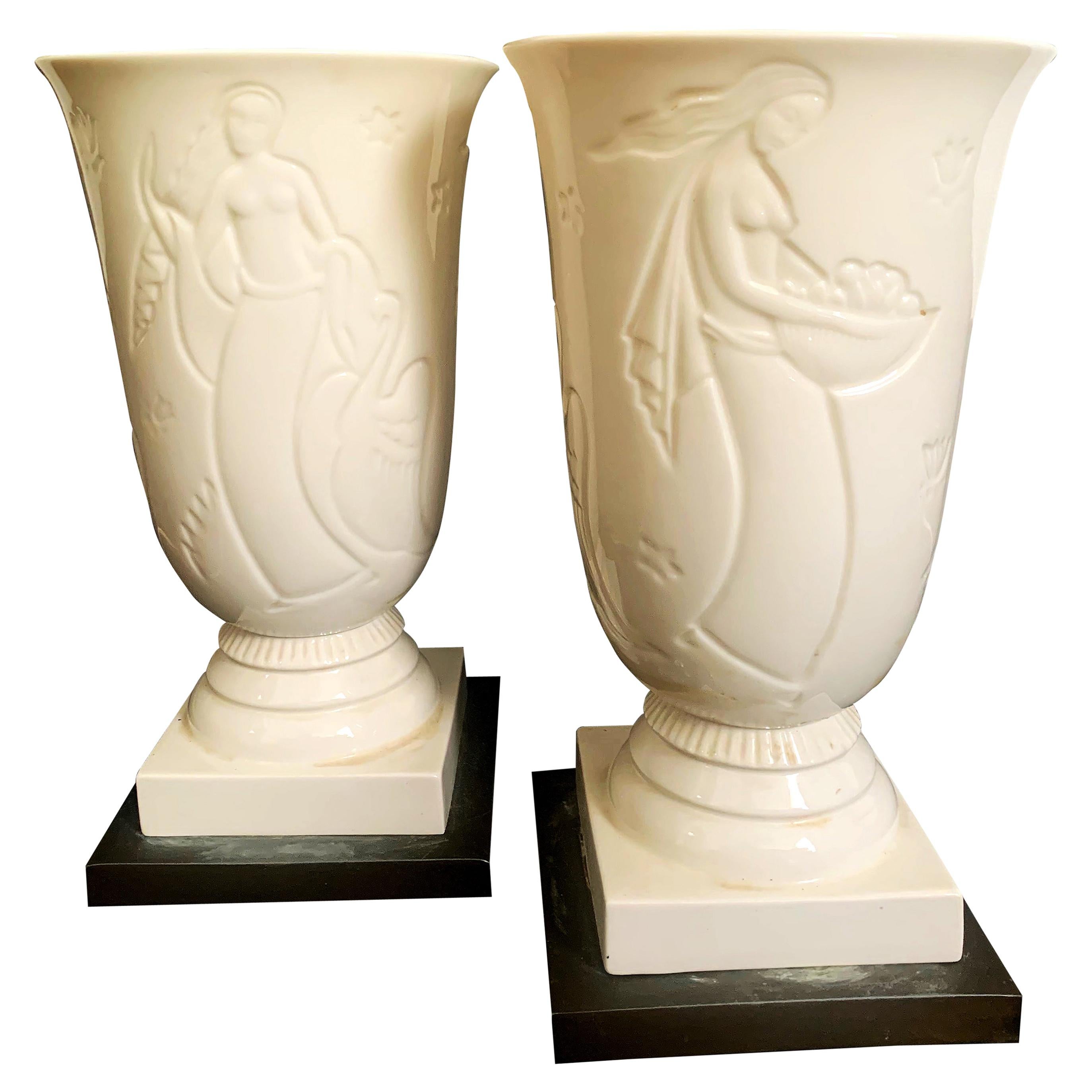 "Pomona, Leda and the Swan, " Pair of Rare Art Deco Porcelain Luminaires by Lenox For Sale