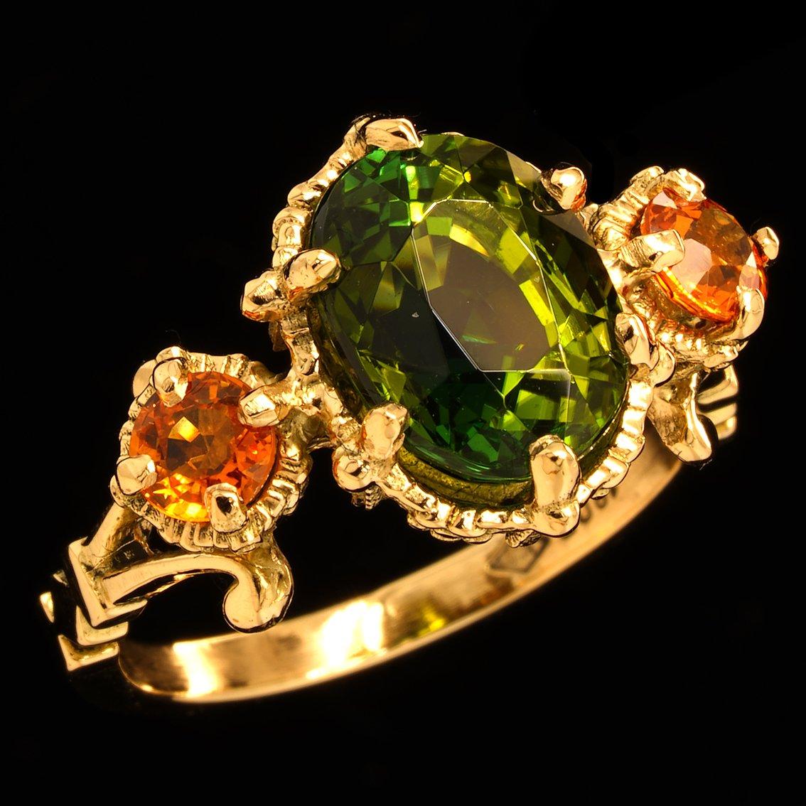 Renaissance 3.17ct Paraiba Tourmaline, Orange Sapphire & 18k Yellow Gold Antique Style RIng