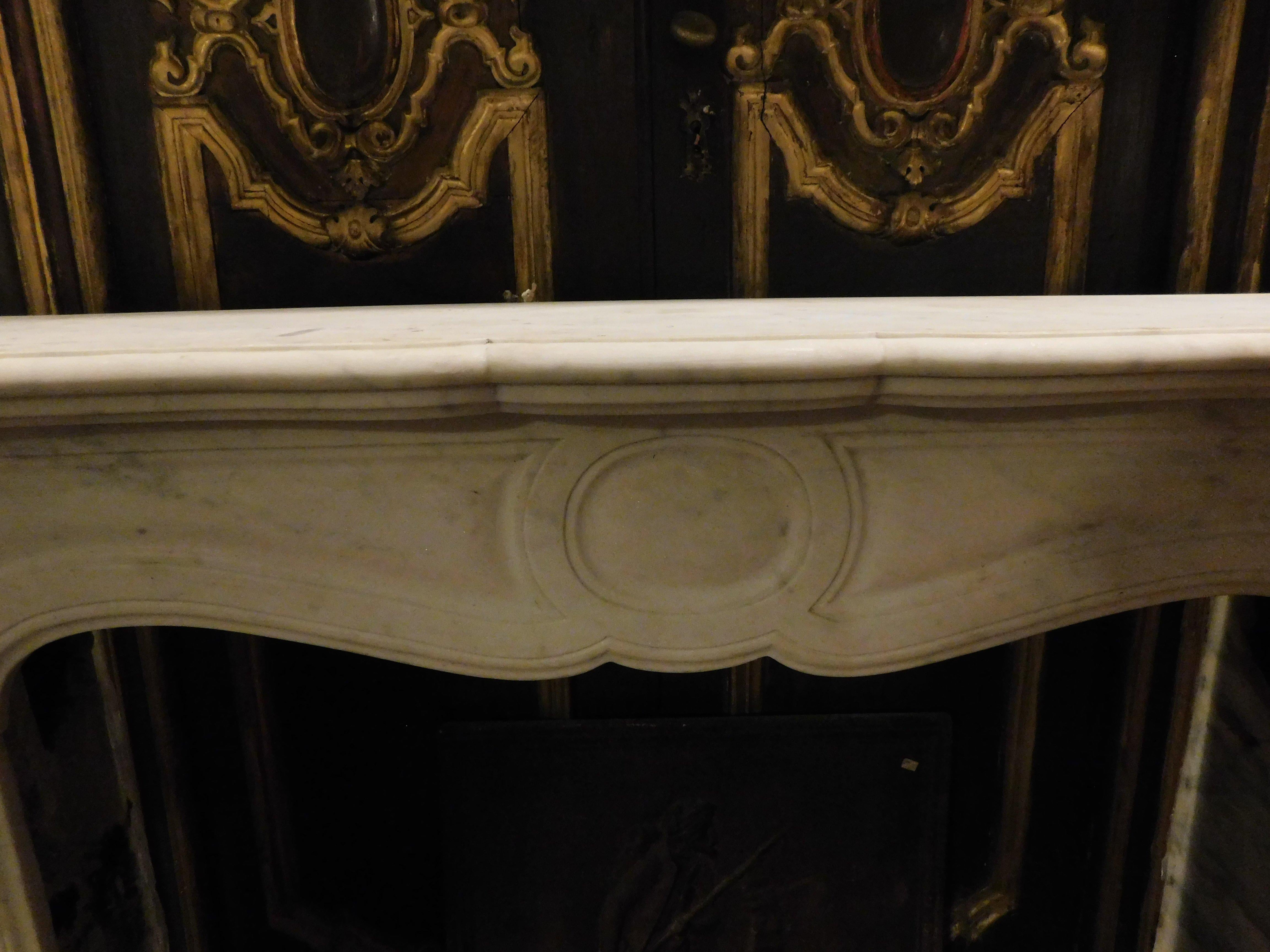 Hand-Carved Pompadour model mantle fireplace in white Carrara marble, France