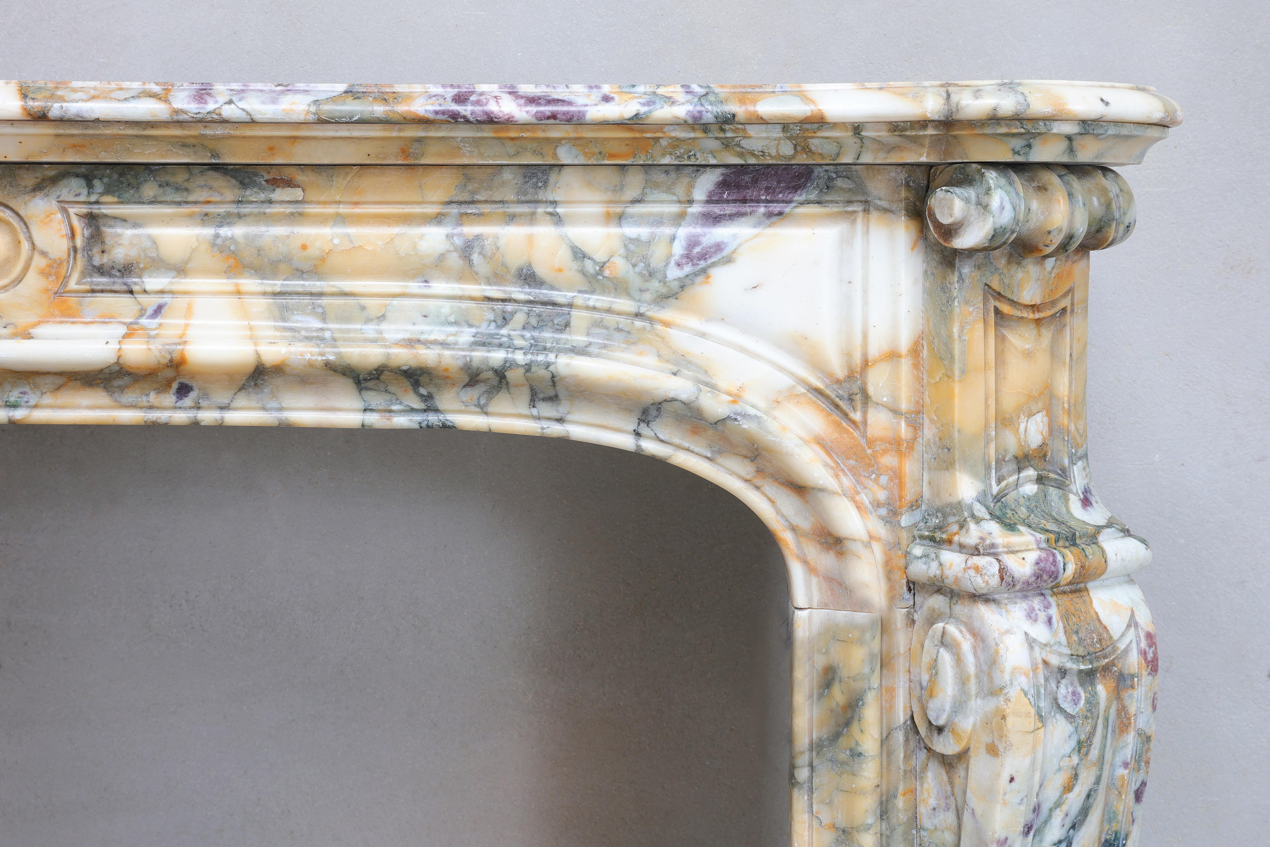 French Pompadour Style Antique Fireplace of Breche De Vendome Marble, 19th Century