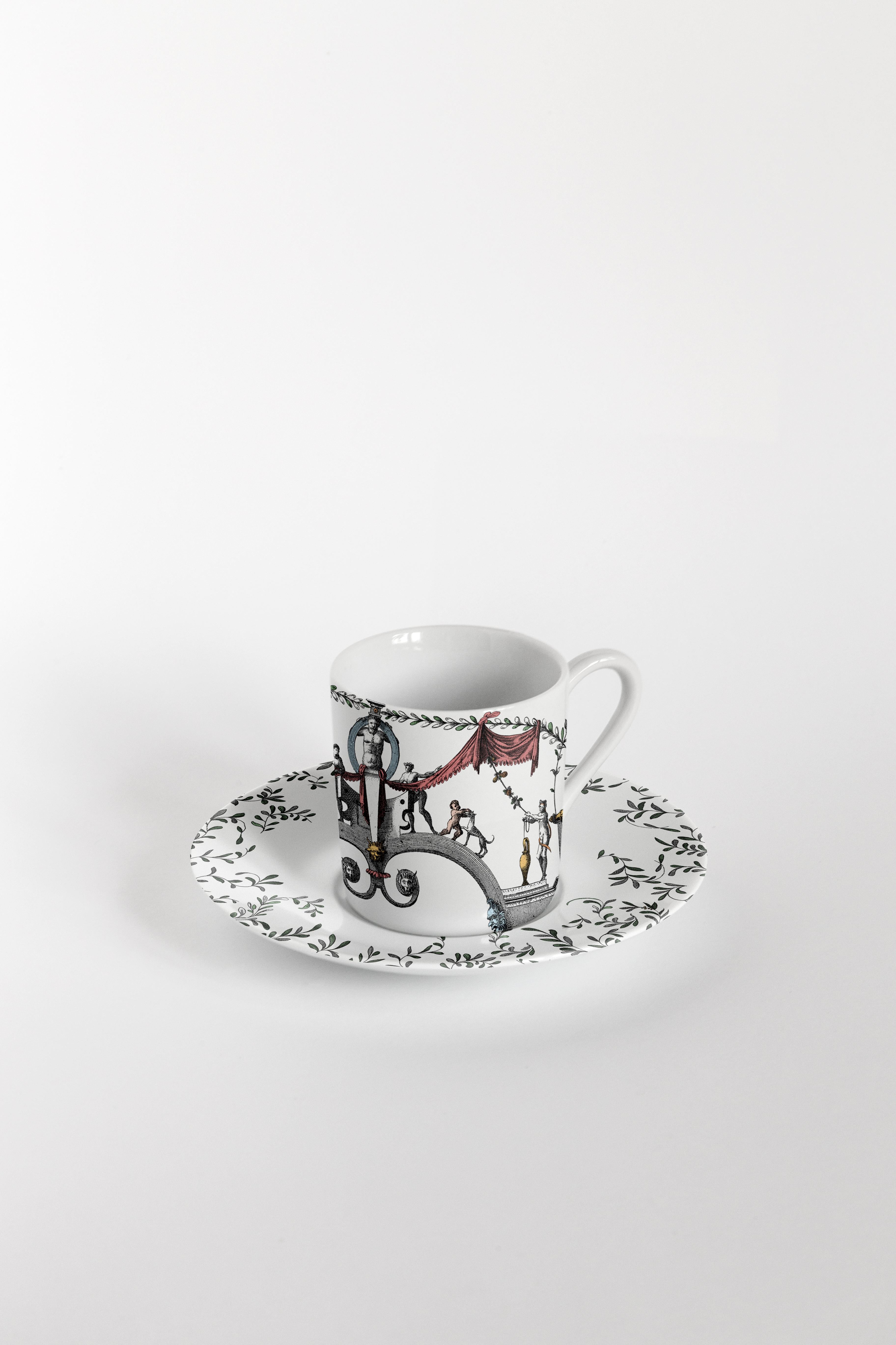 Italian Pompei, Six Contemporary Decorated Coffee Cups with Plates For Sale