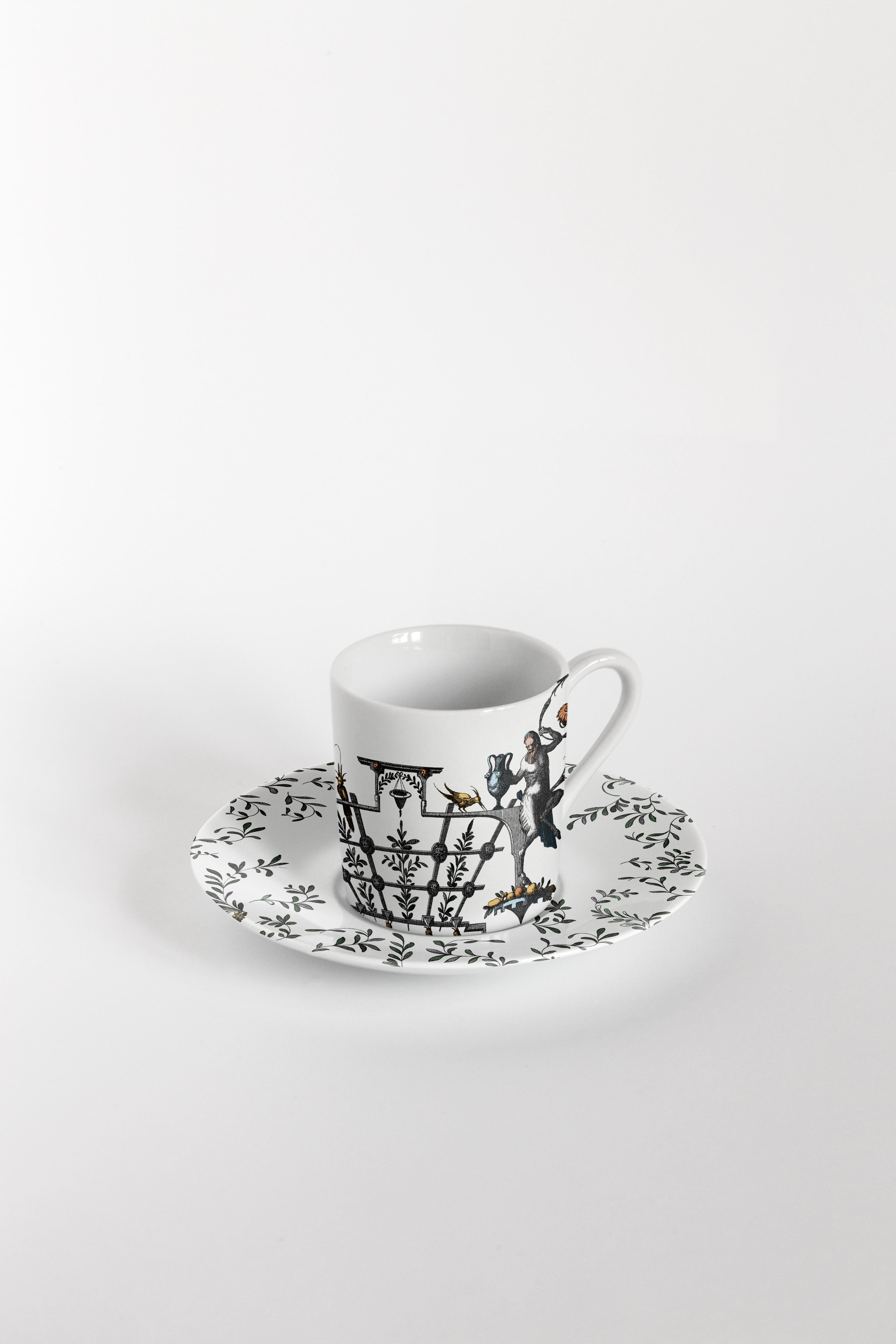 Six tasses à café décorées contemporaines Pompei avec assiettes en vente 1