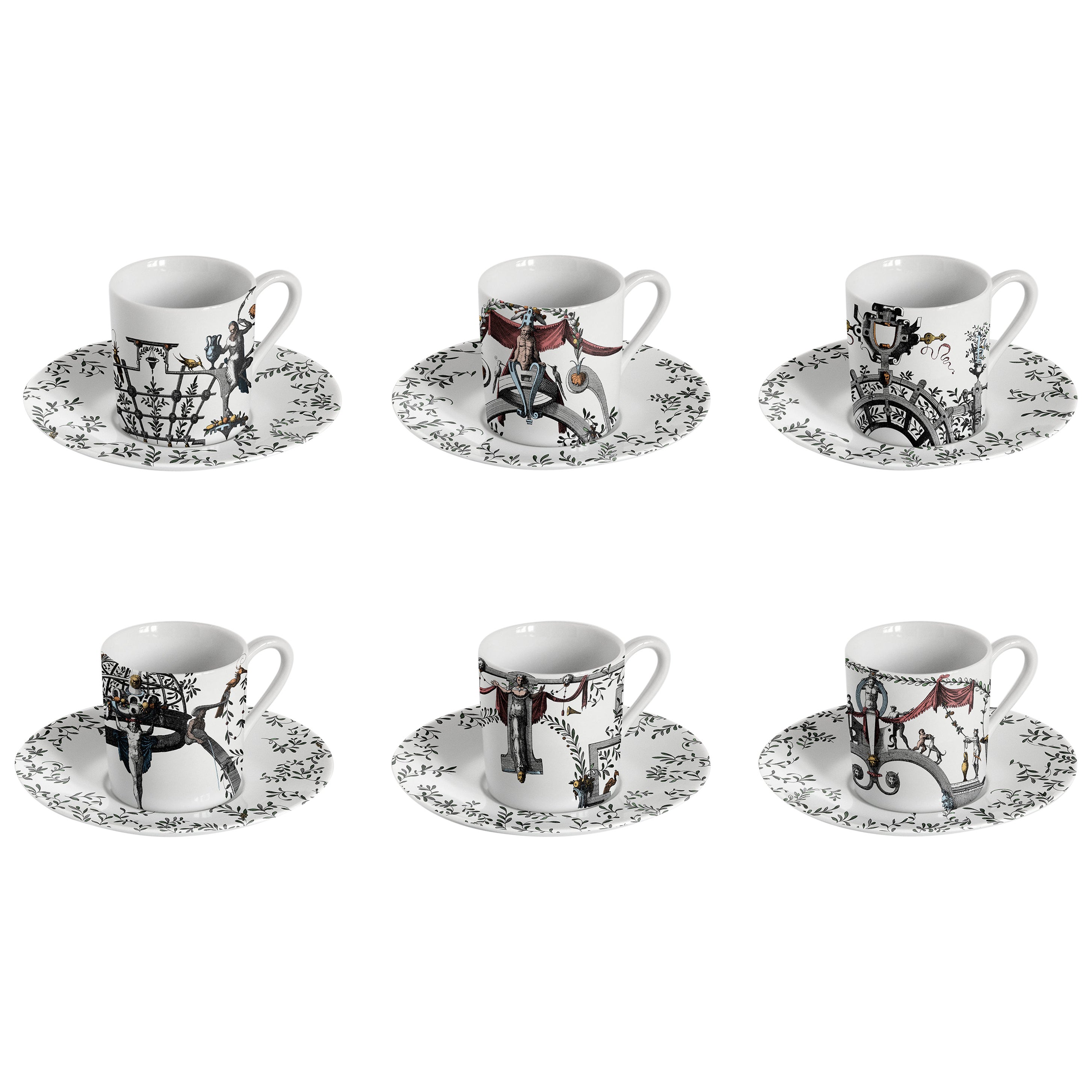 Pompei, sei tazze da caffè con piatti decorati in stile contemporaneo in vendita
