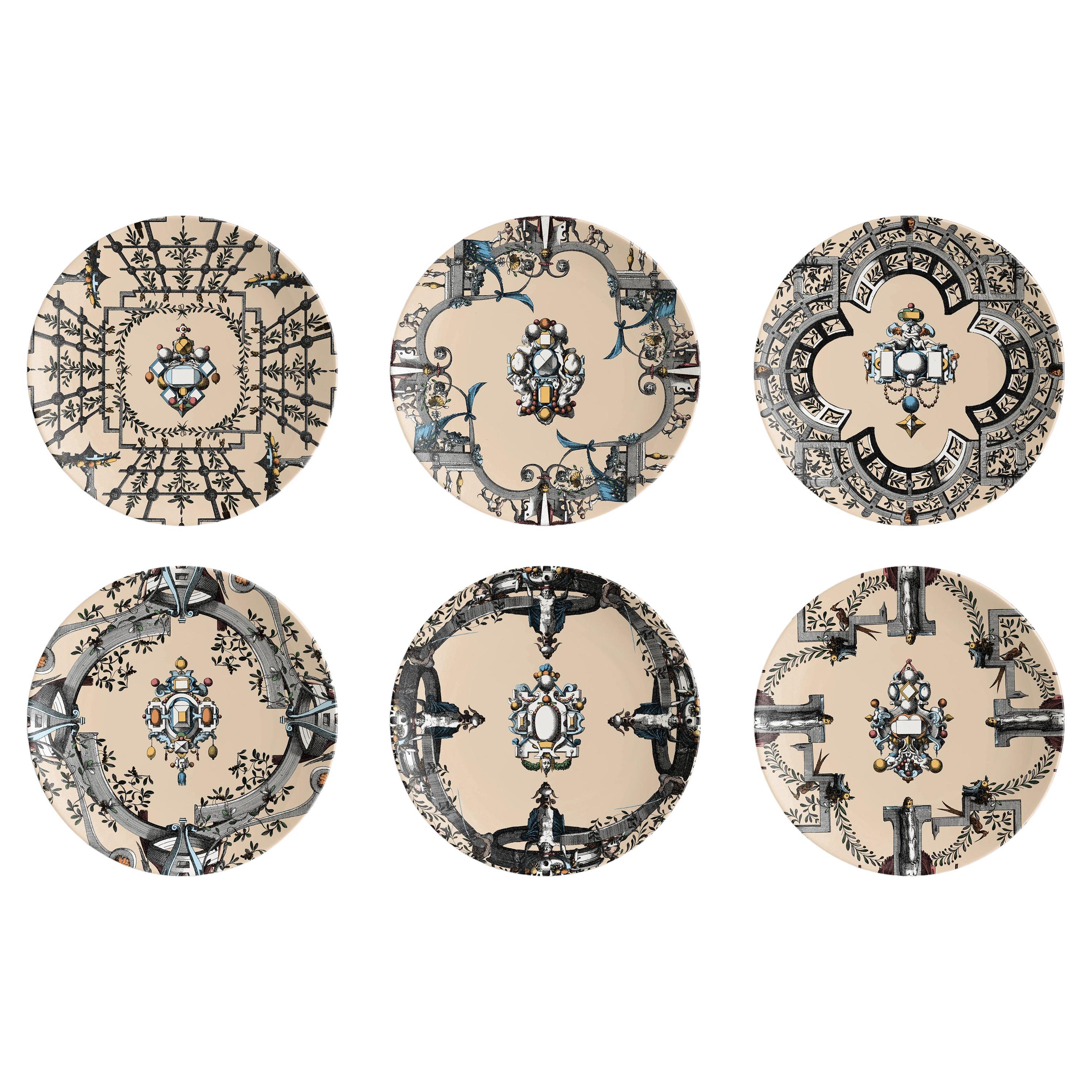 Six assiettes à dessert en porcelaine décorées contemporaines Pompei en vente