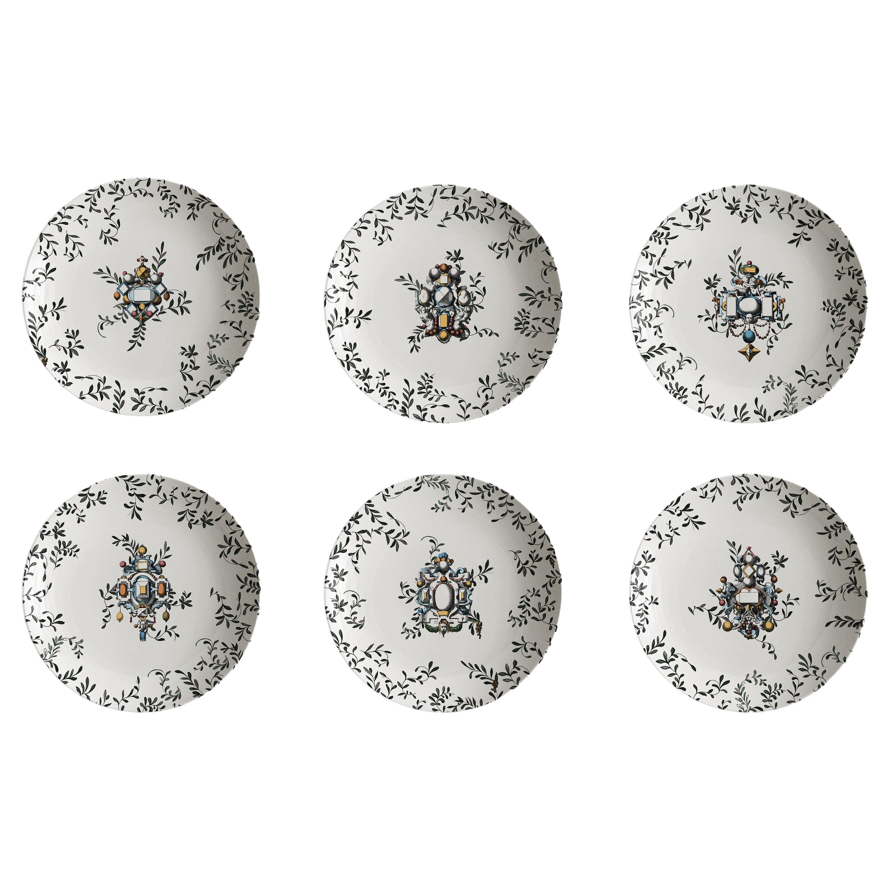 Six assiettes à soupe en porcelaine décorées contemporaines Pompei en vente