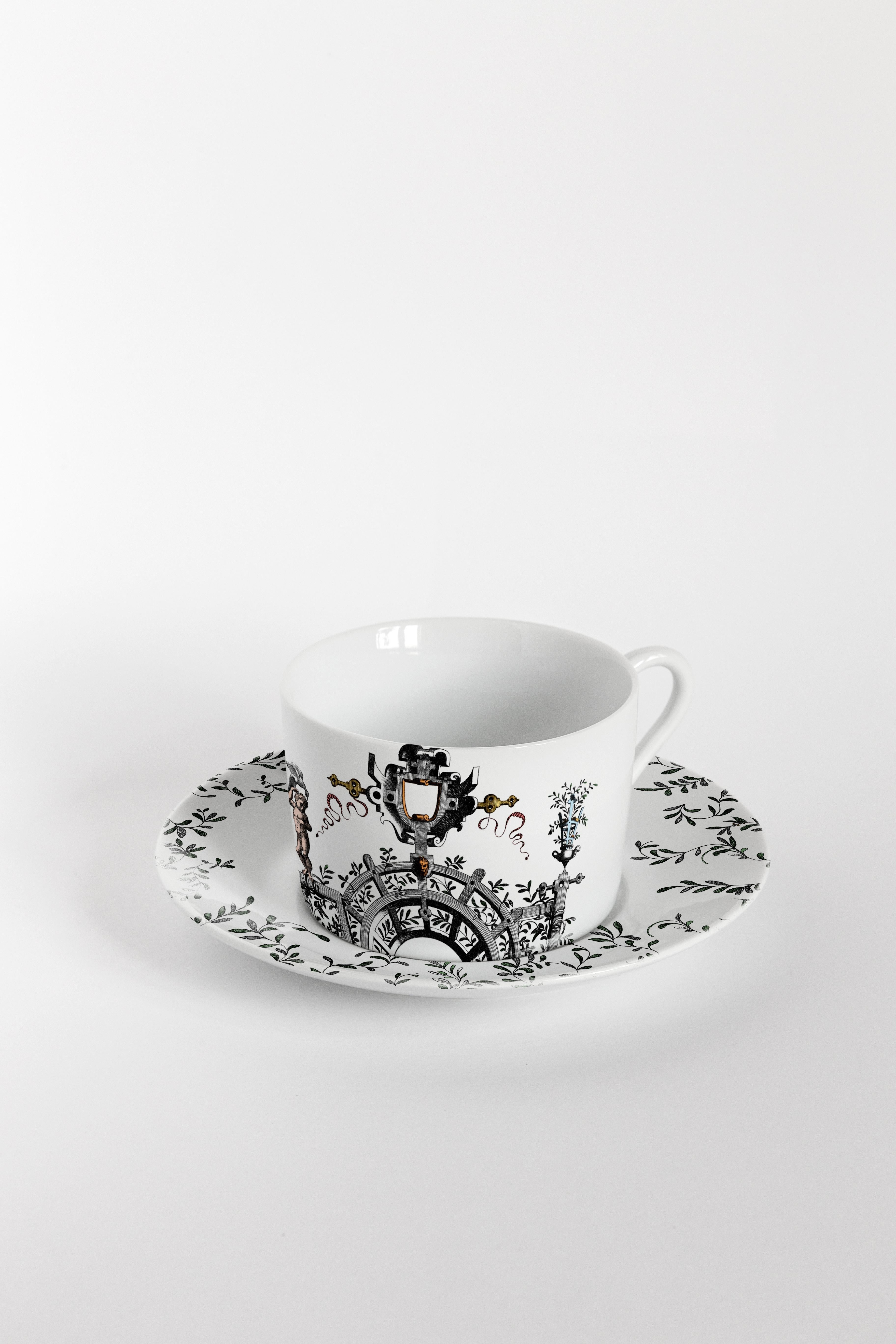 Porcelaine Six tasses à thé décorées contemporaines Pompei avec assiettes en vente