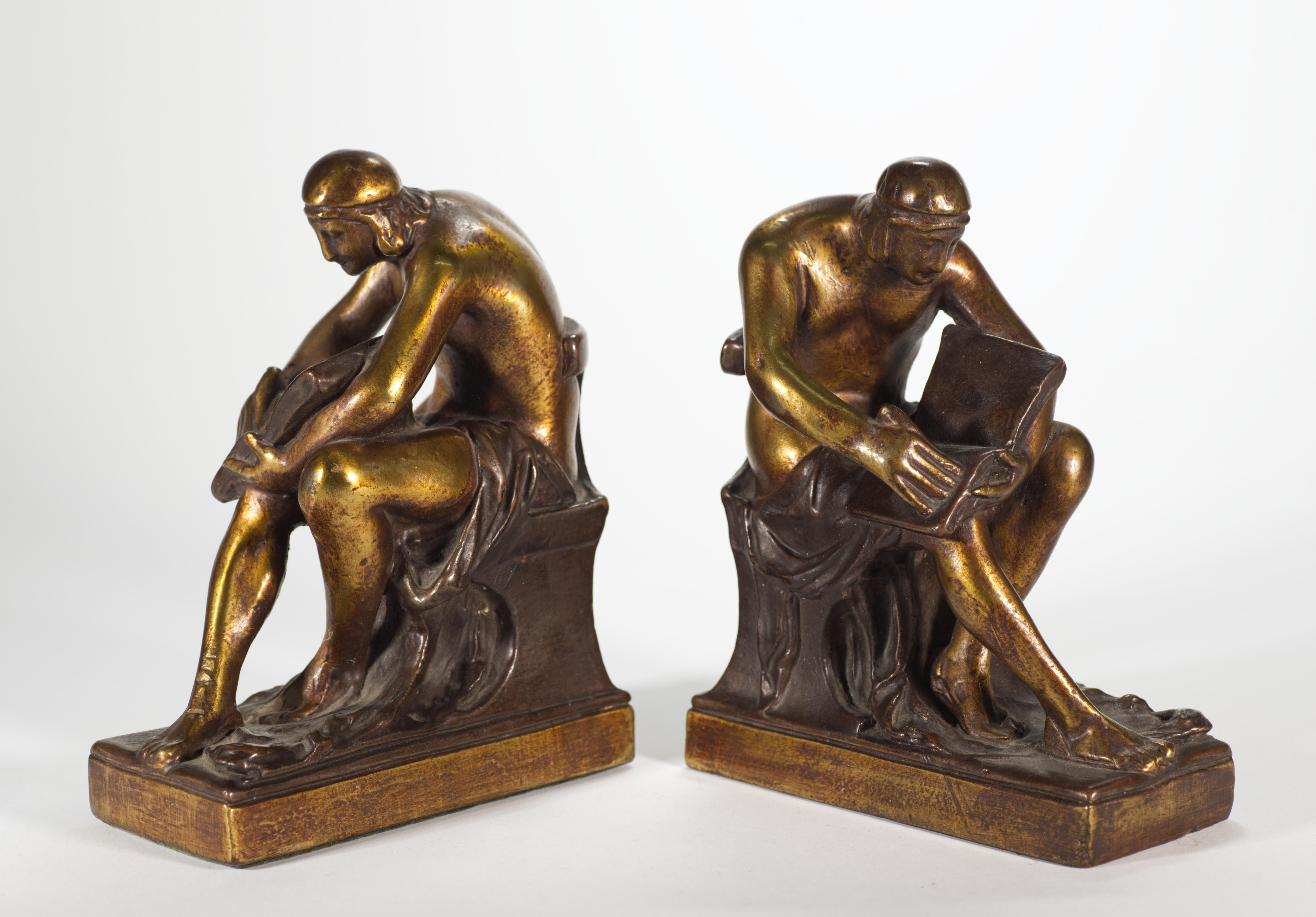 Art Deco Pompeian Bronze Co Bronze Clad Figurative Bookends, 1920s For Sale