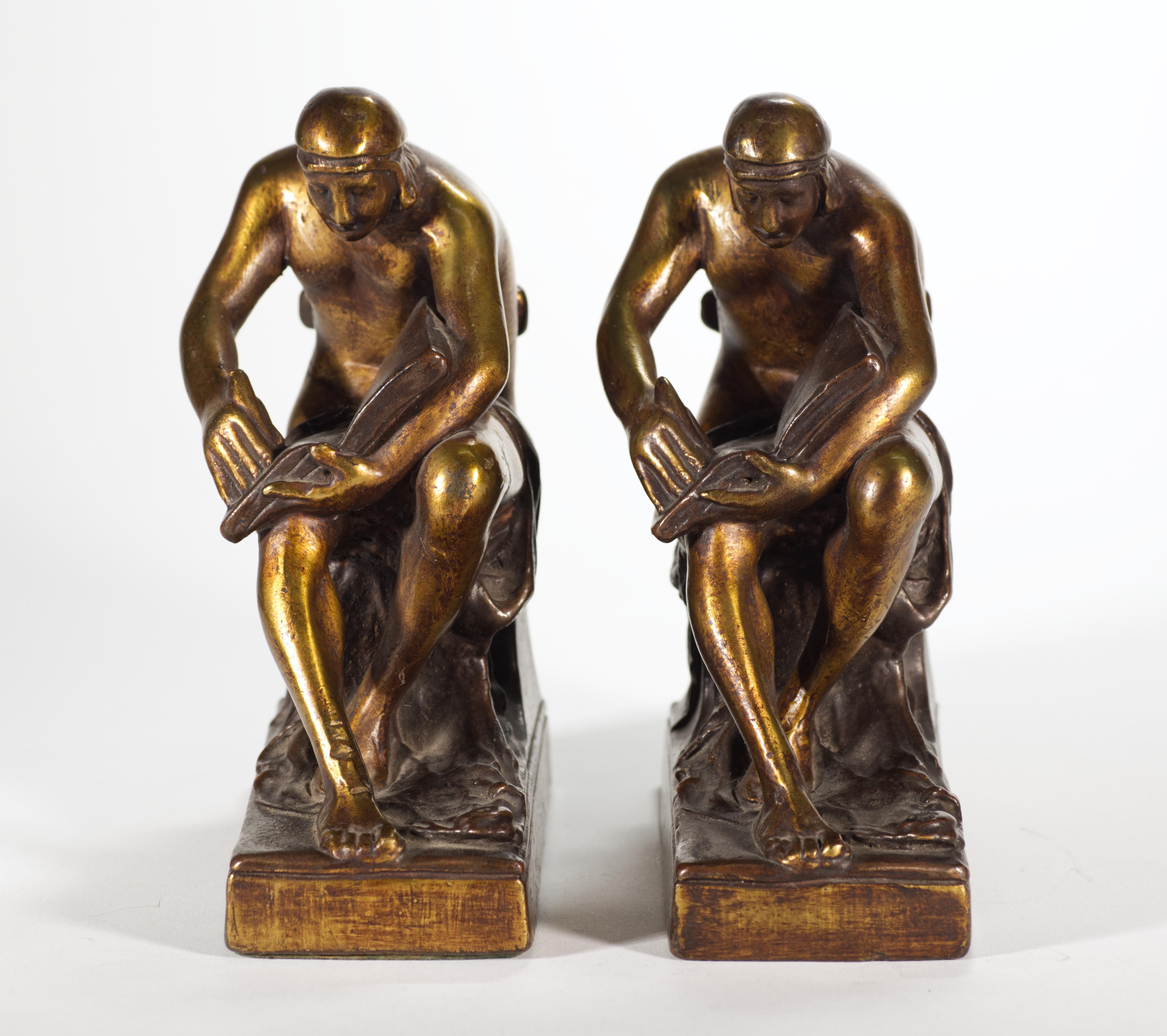 American Pompeian Bronze Co Bronze Clad Figurative Bookends, 1920s For Sale