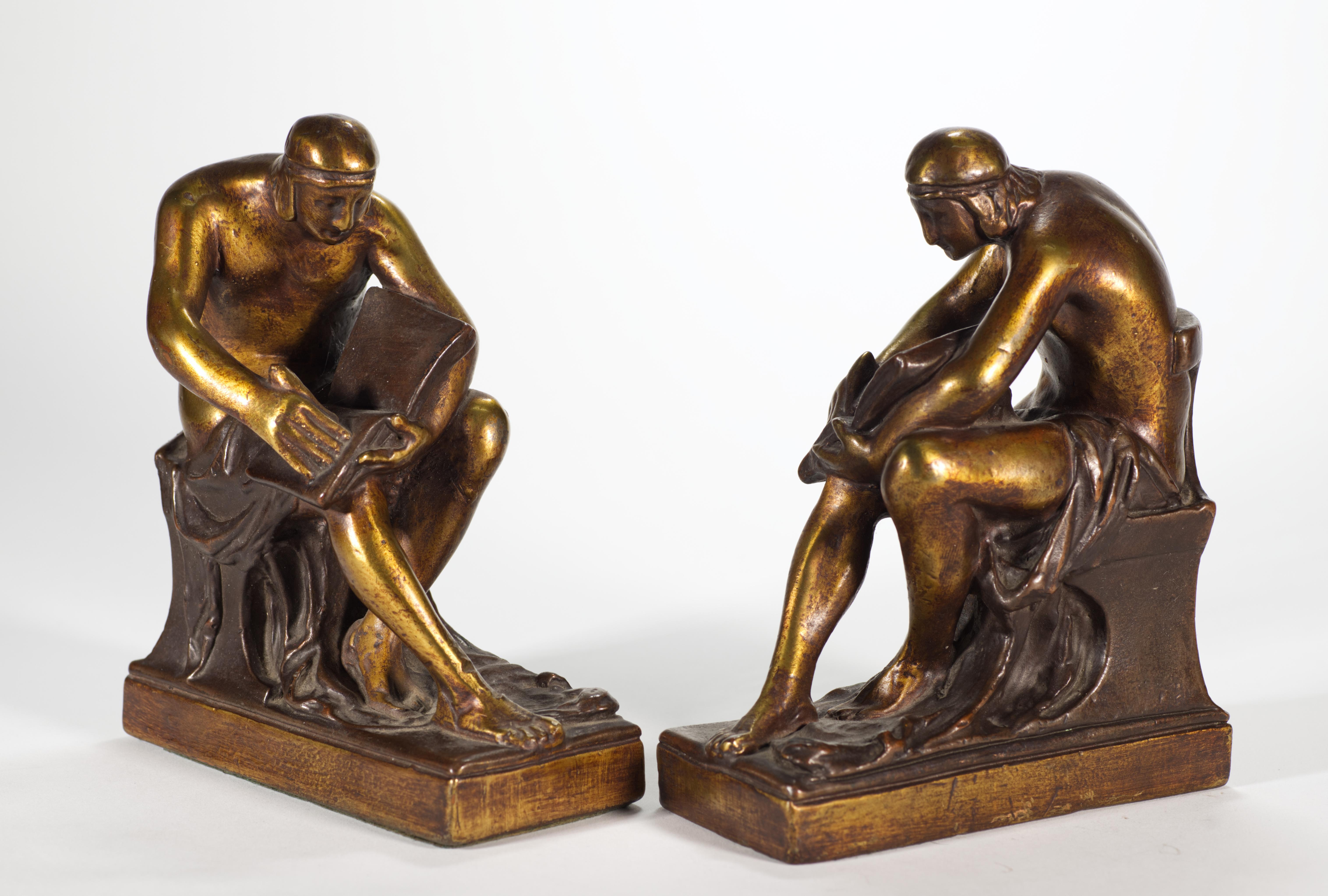 Cast Pompeian Bronze Co Bronze Clad Figurative Bookends, 1920s For Sale