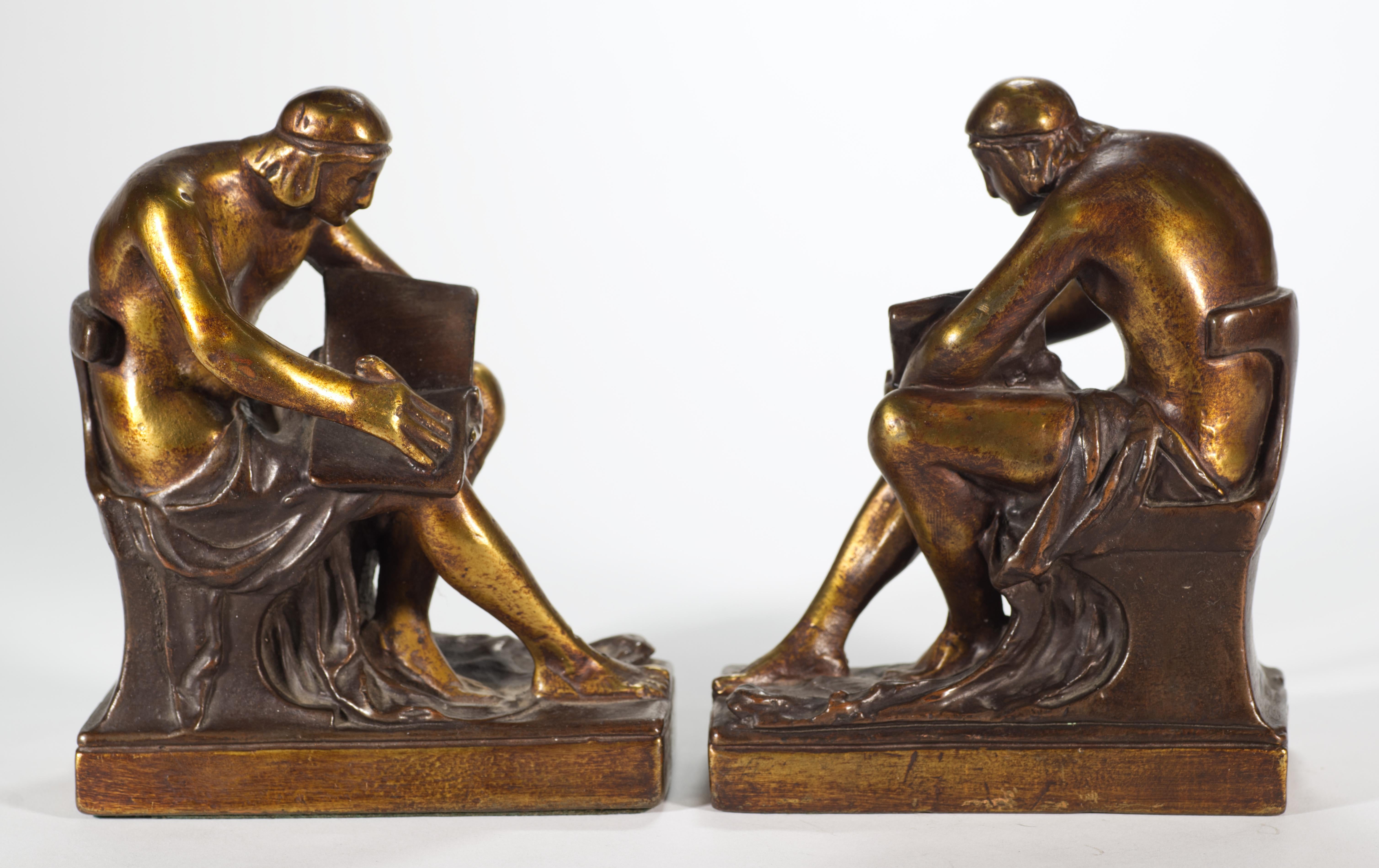 Pompeian Bronze Co Bronze Clad Figurative Bookends, 1920s In Good Condition For Sale In Clifton Springs, NY