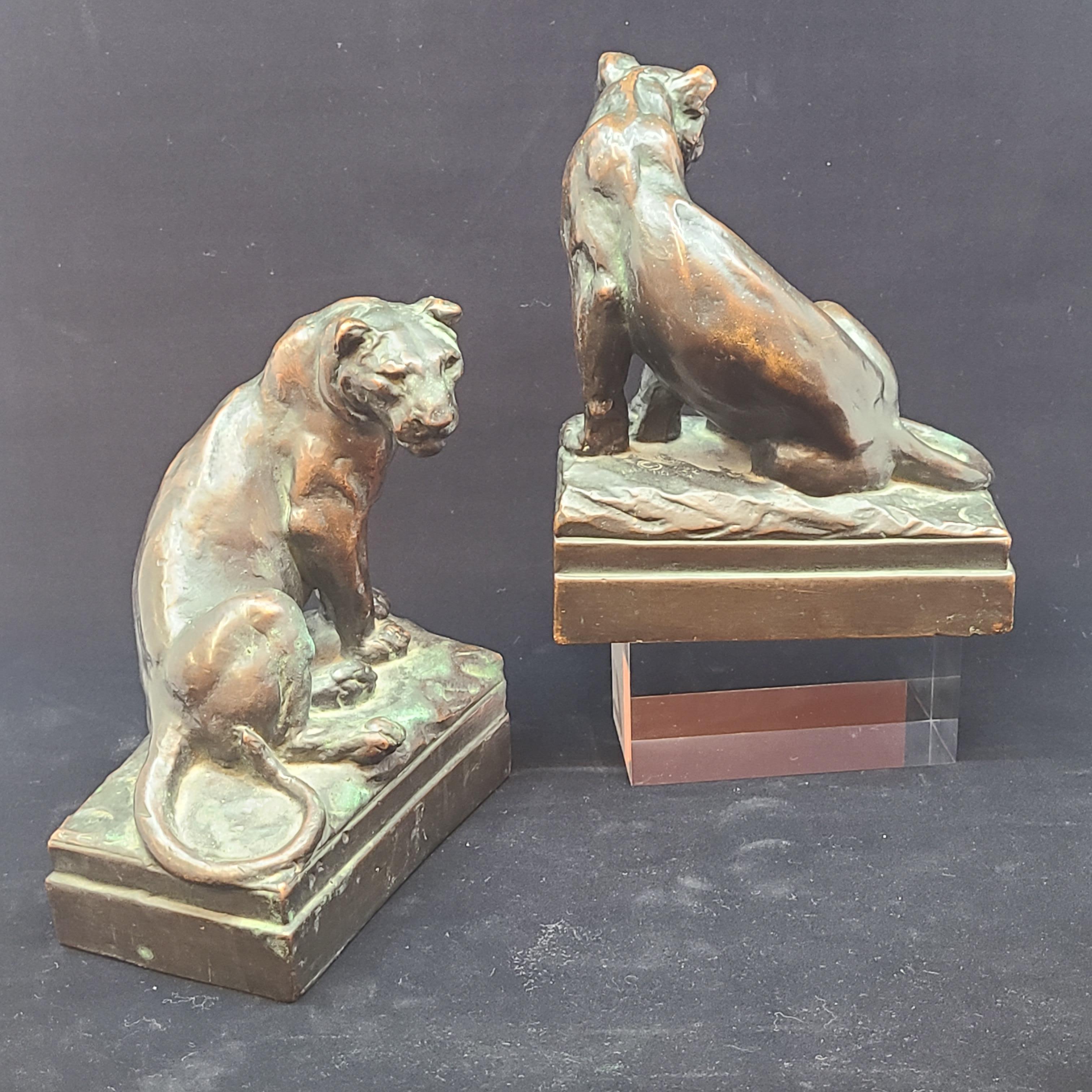 Beautiful pair of bronze clad lion bookends by Pompeian Bronze with excellent patina. Good size and weight bookends. Not a common design by Pompeian Bronze but my favorite.
