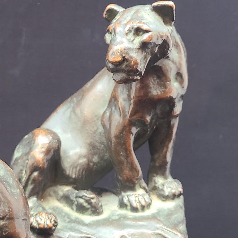 Metalwork Pompeian Bronze Lion Bookends by Paul Herzel For Sale