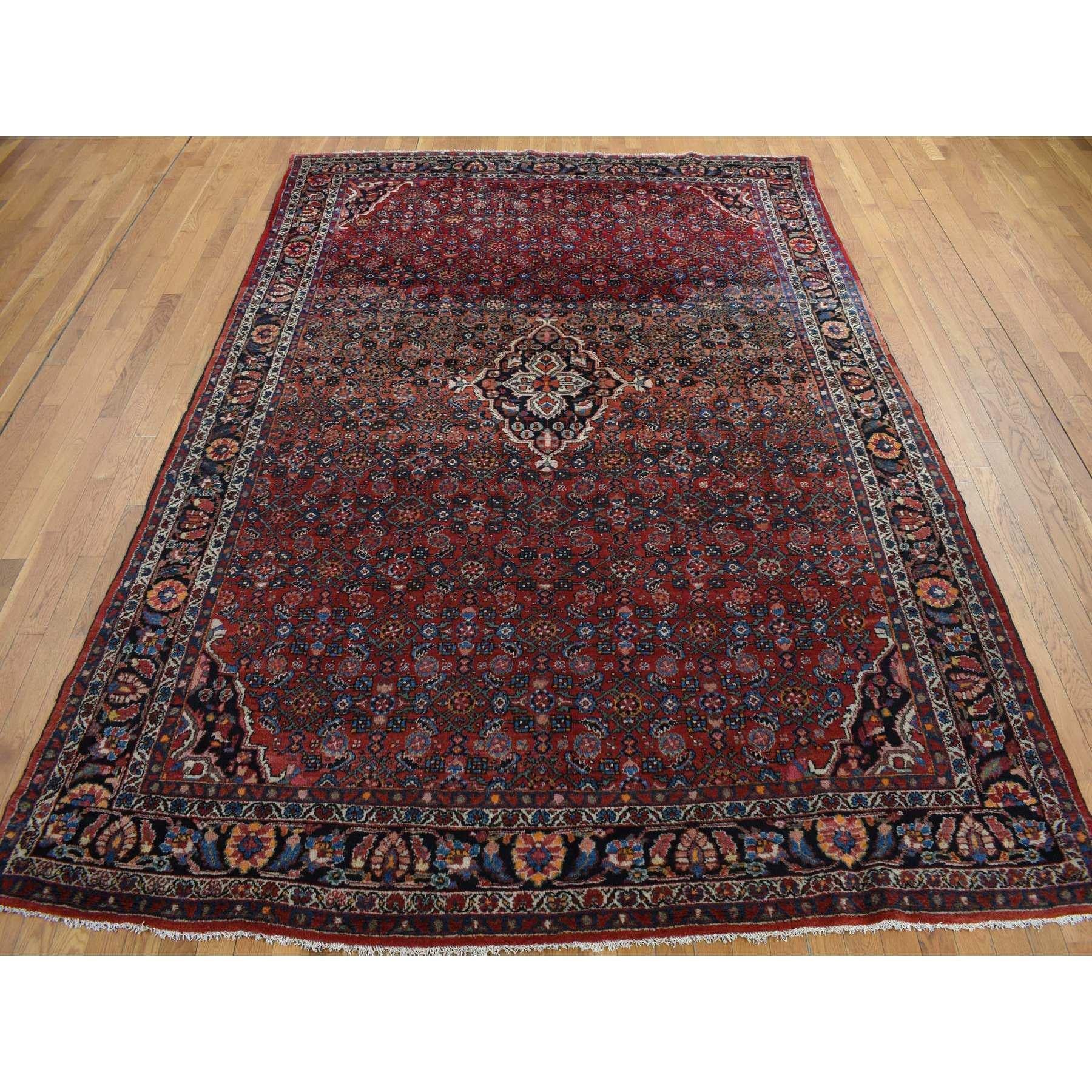 Medieval Pompeian Red Hand Knotted Antique Persian Hamadan Soft Wool Clean Rug 8'5