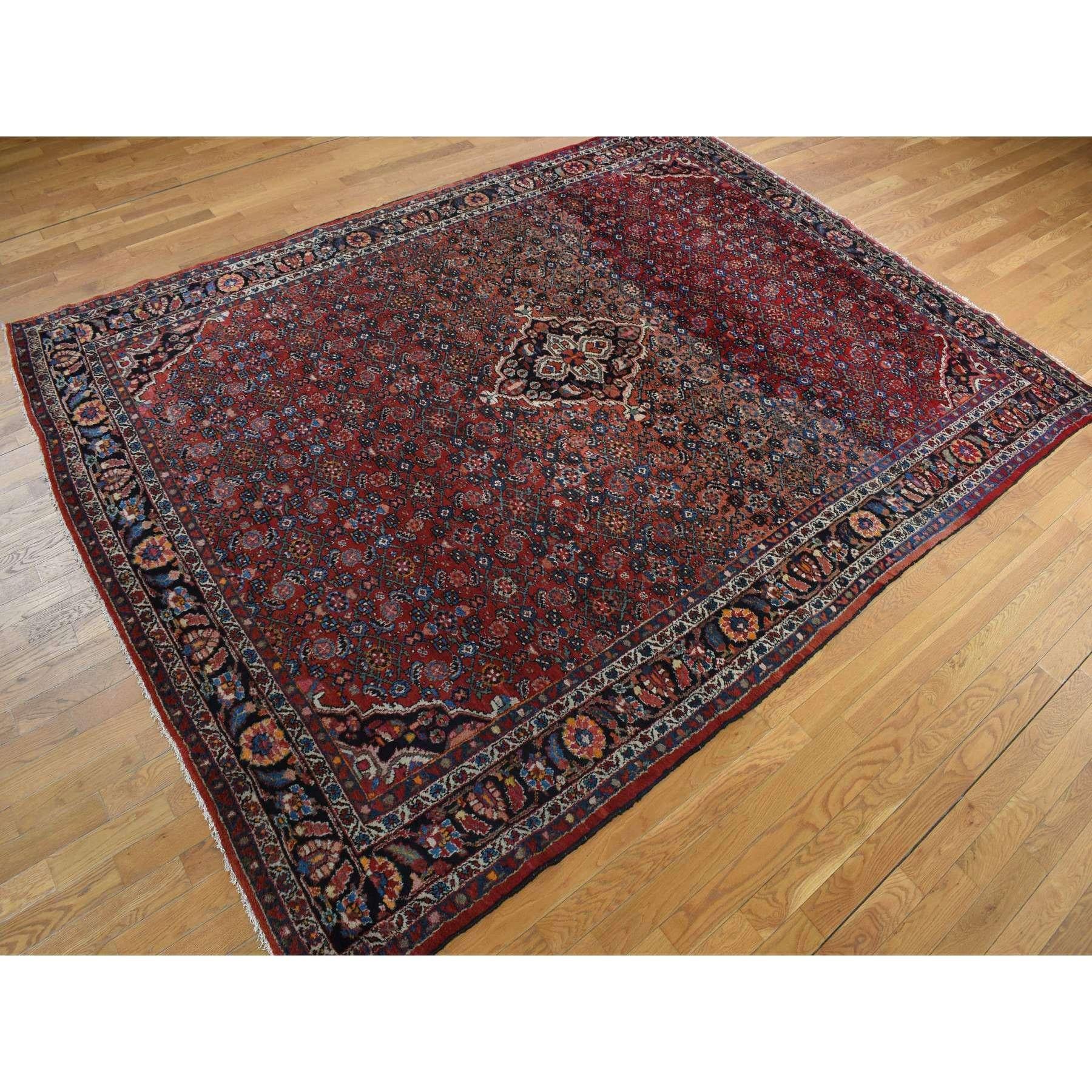 Indian Pompeian Red Hand Knotted Antique Persian Hamadan Soft Wool Clean Rug 8'5