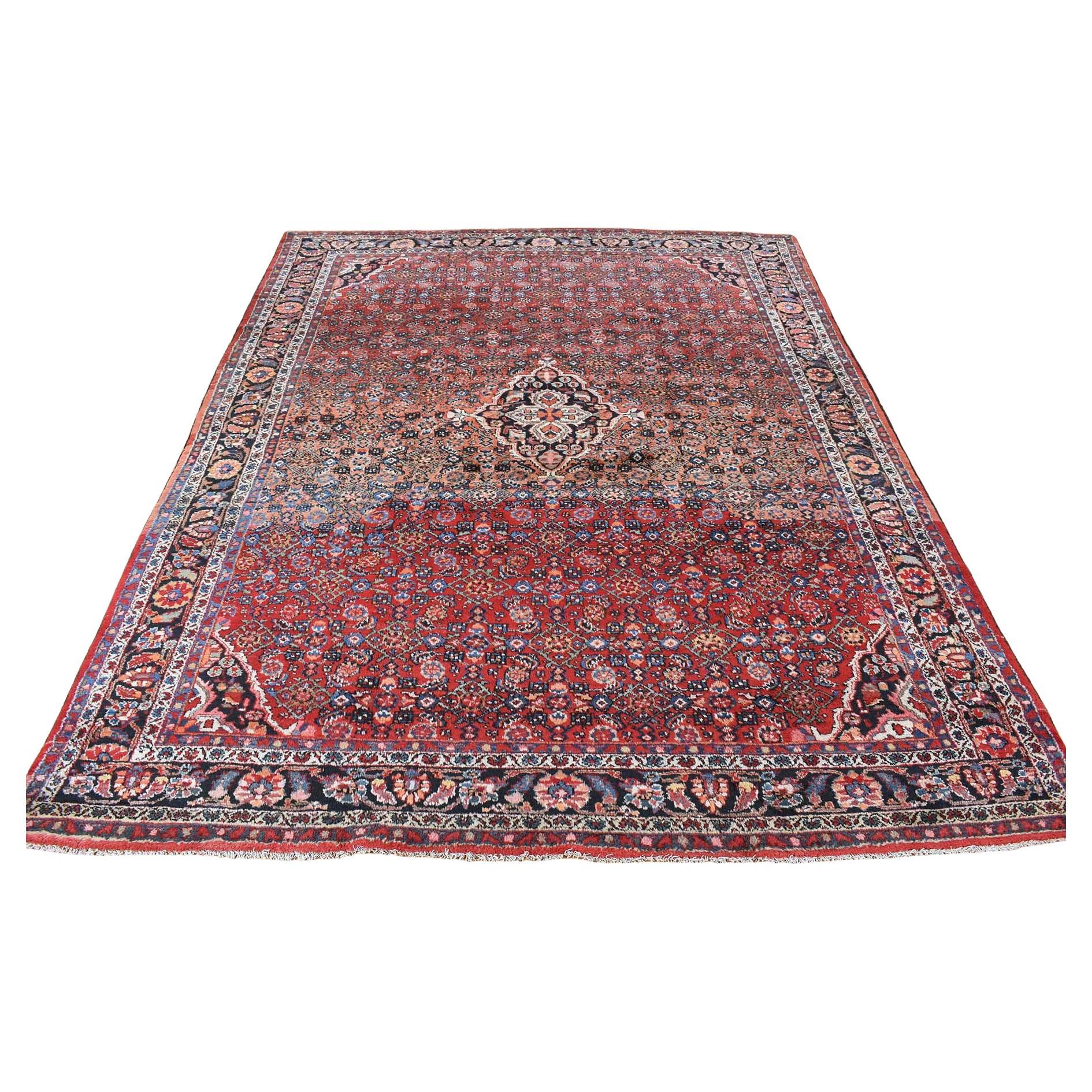 Pompeian Red Hand Knotted Antique Persian Hamadan Soft Wool Clean Rug 8'5"x11'3" For Sale