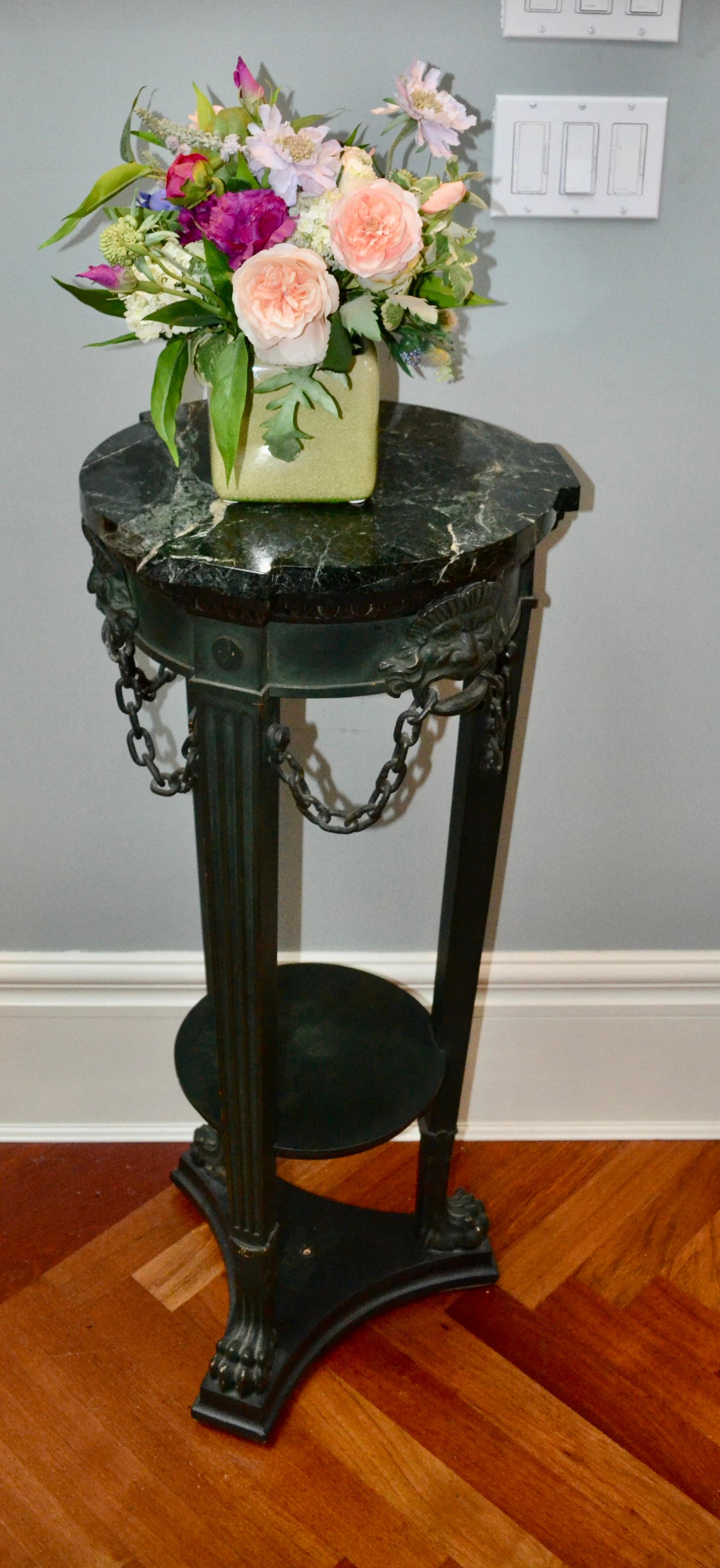 Metal Pompeian Style Marble Tapered Tripod Wood and Bronze Pedestal For Sale