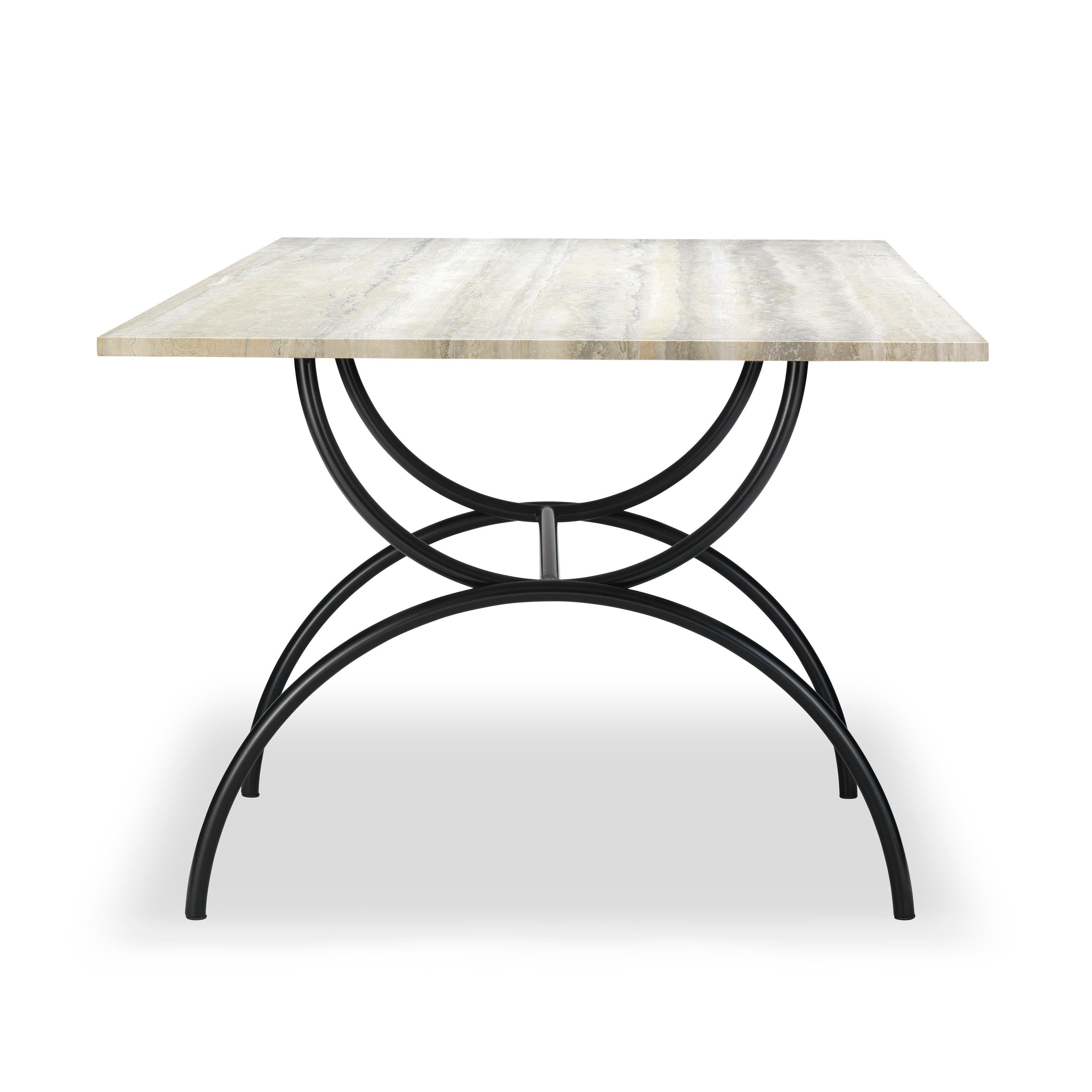 Ten10 Pompeii dining table with a stainless steel base powder coated semi-gloss black and a vein cut filled honed silver travertine 3/4