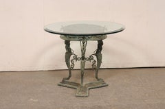 Pompeii Glass Top Table on Metal Base w/Sphinx & Animal Leg Motif, 3 Ft Diameter