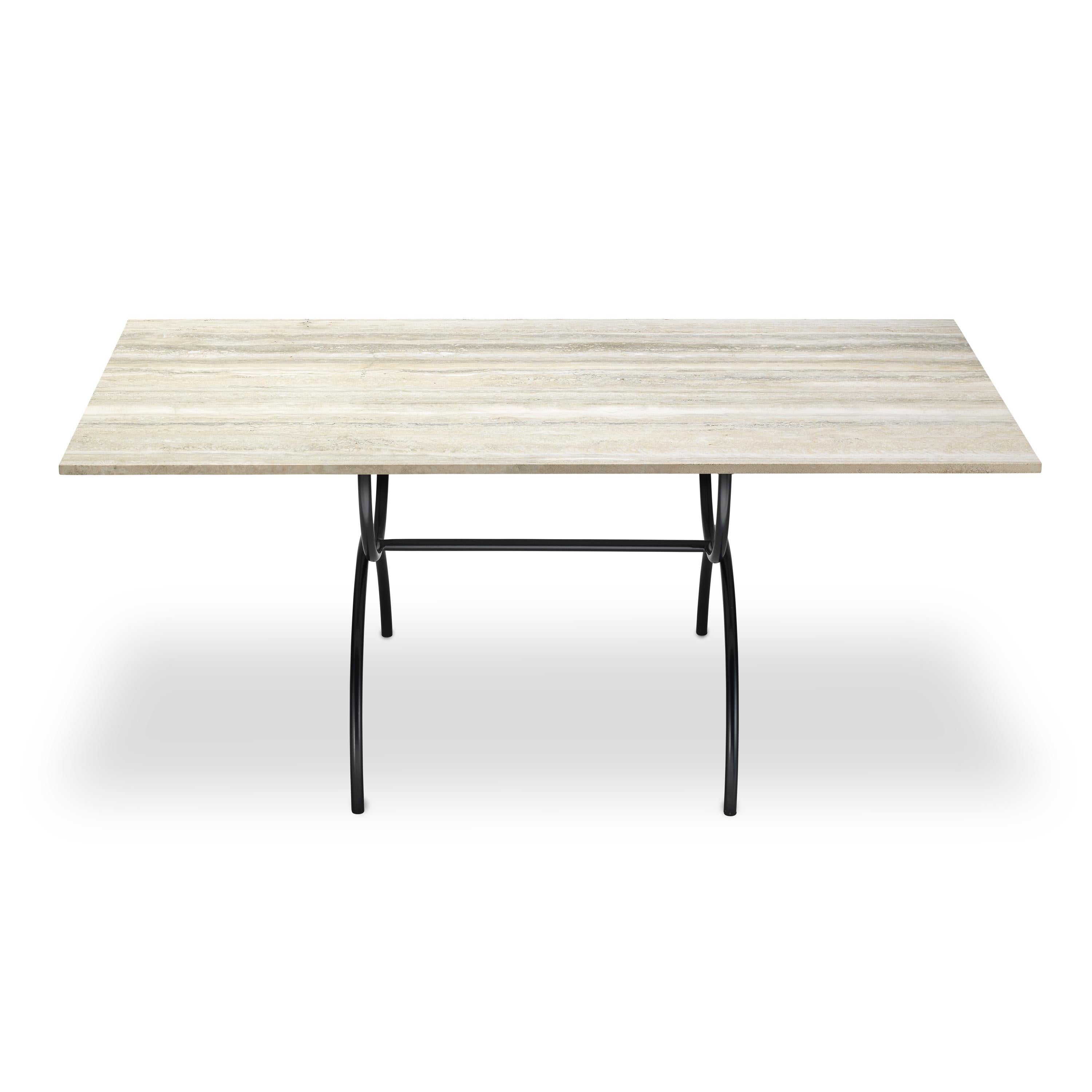 Moderne Pompeii Table de salle à manger d'extérieur Base en acier inoxydable Plateau en travertin adouci et taillé dans la veine en vente