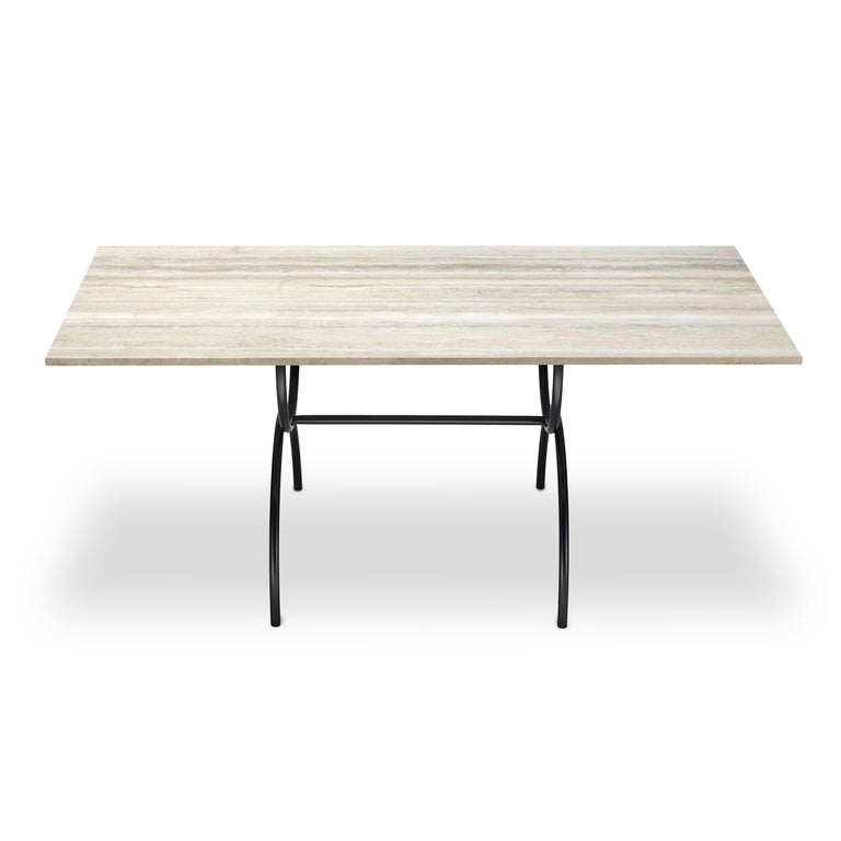 Modern Pompeii Outdoor Dining Table Stainless Steel Base Honed Silver Travertine Top For Sale