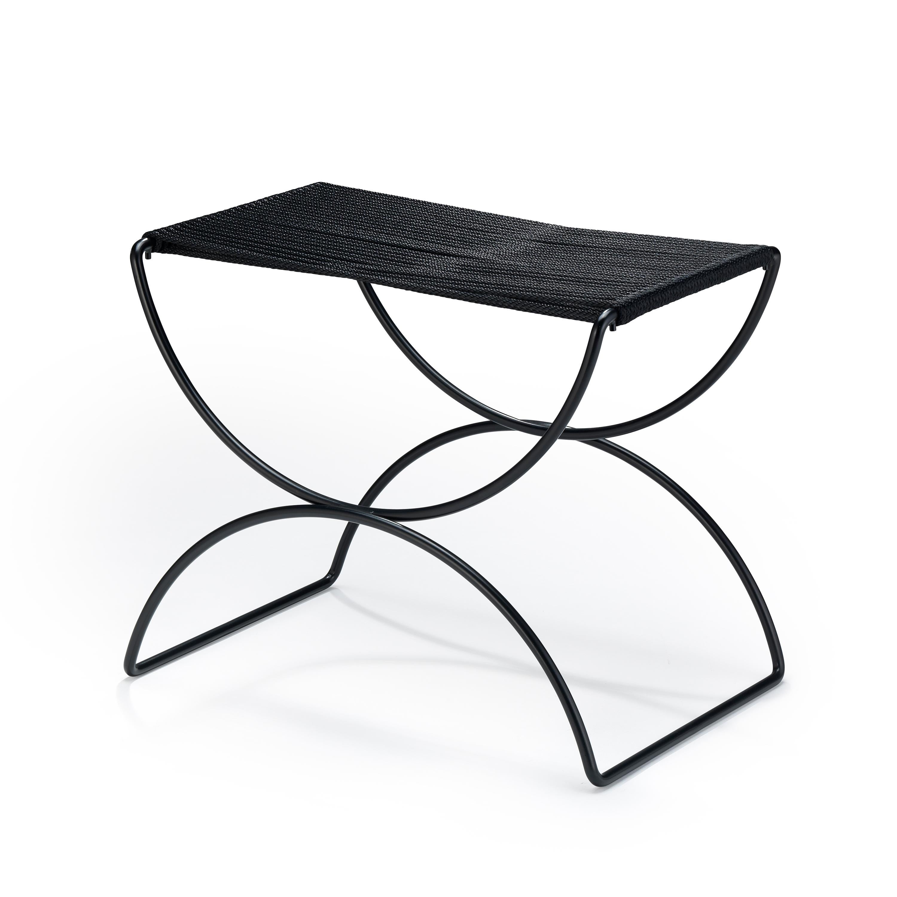 Ten10 Pompeii style seat with a standard steel base powder coated semi-gloss black and a nylon cord seat in black or white. Suitable for indoor or outdoor use.