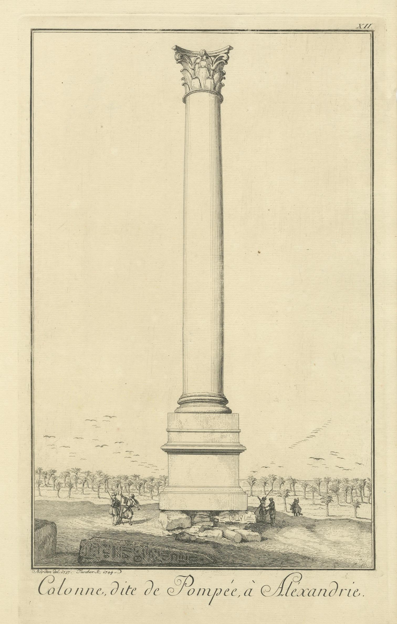 Pompey’s Column, Alexandria – Antique Egypt Engraving by Norden, 1755