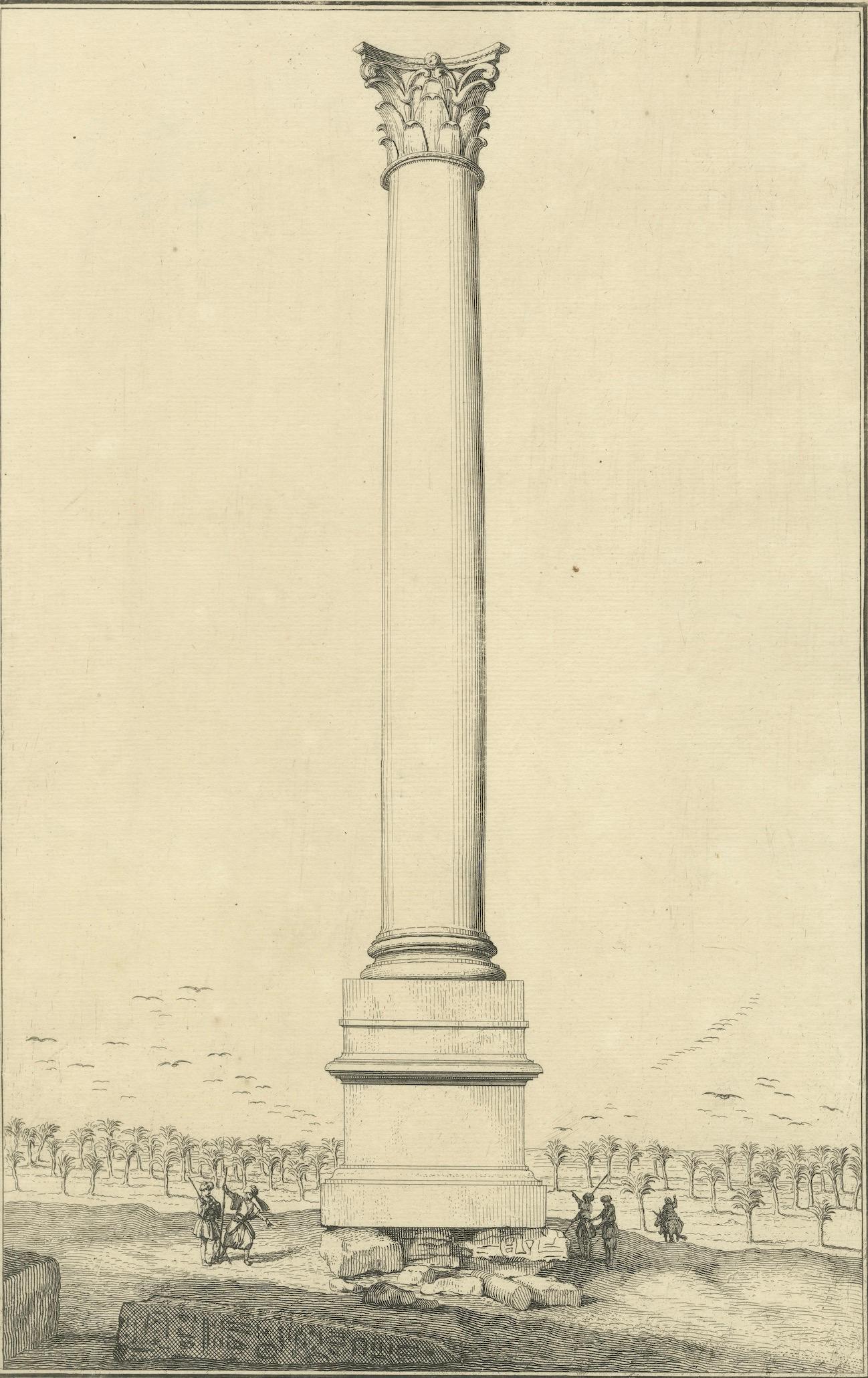 Pompey’s Column, Alexandria – Antique Egypt Engraving by Norden, 1755