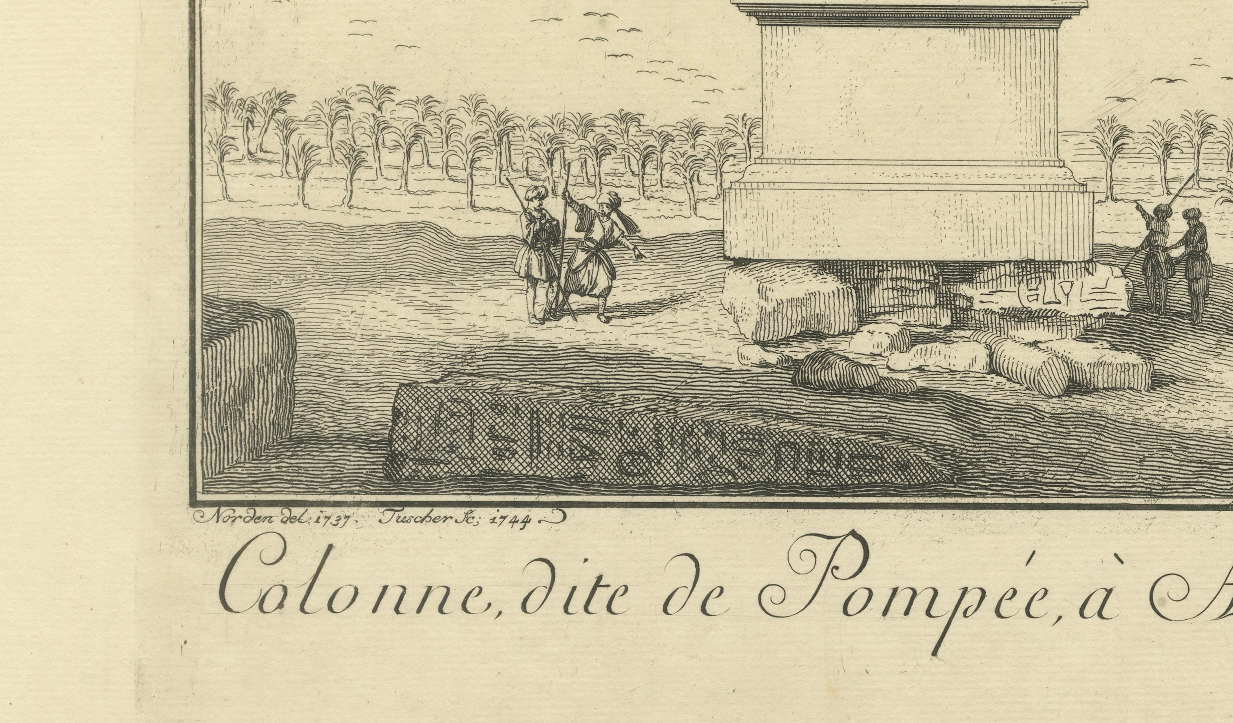 Pompey’s Column, Alexandria – Antique Egypt Engraving by Norden, 1755