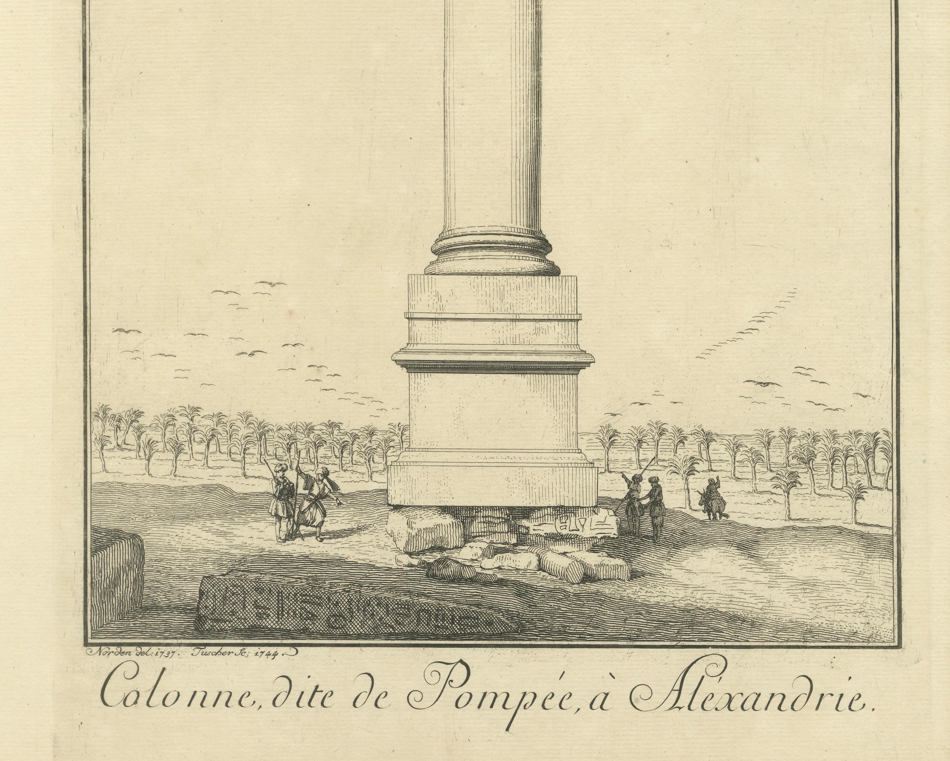 Pompey’s Column, Alexandria – Antique Egypt Engraving by Norden, 1755