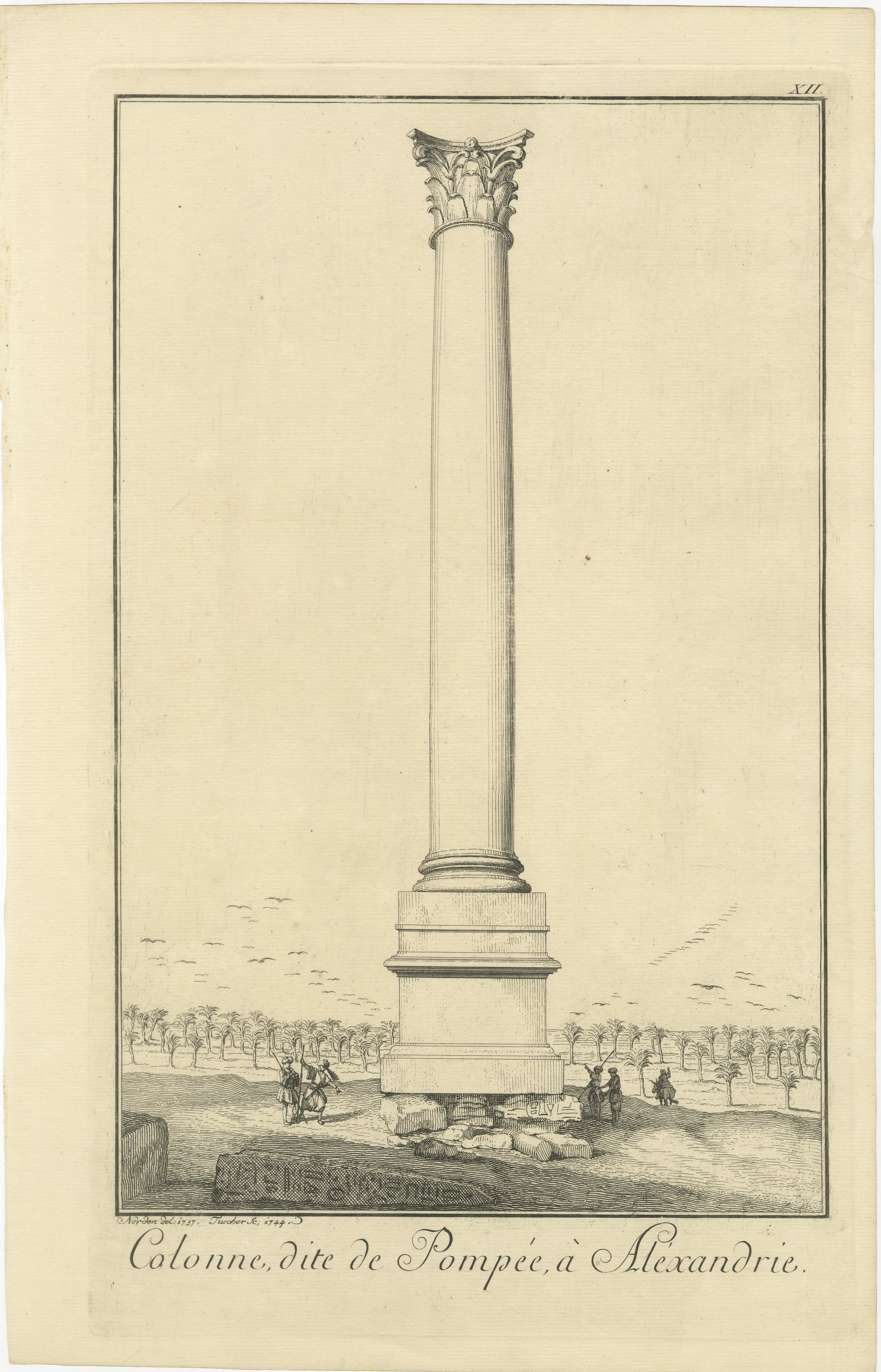 Pompey’s Column, Alexandria – Antique Egypt Engraving by Norden, 1755 For Sale