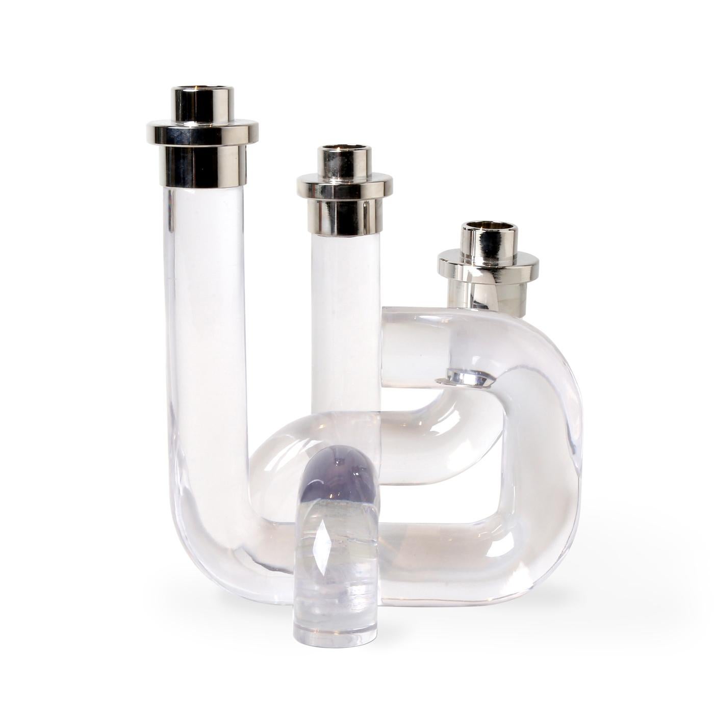Nickel Pompidou Lucite Candleholder in Clear For Sale
