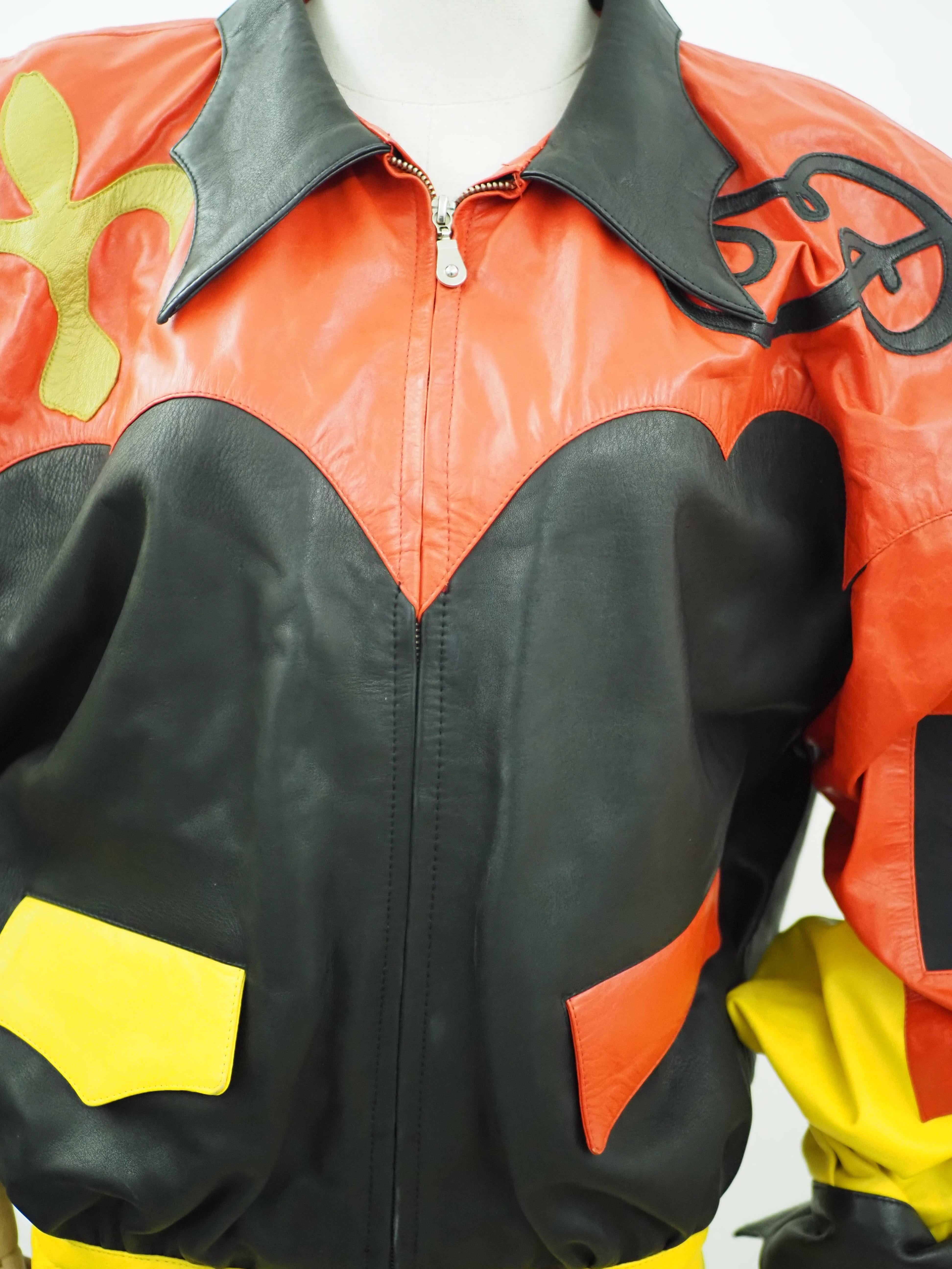 Red Pompoos Multicoloured leather bomber jacket For Sale