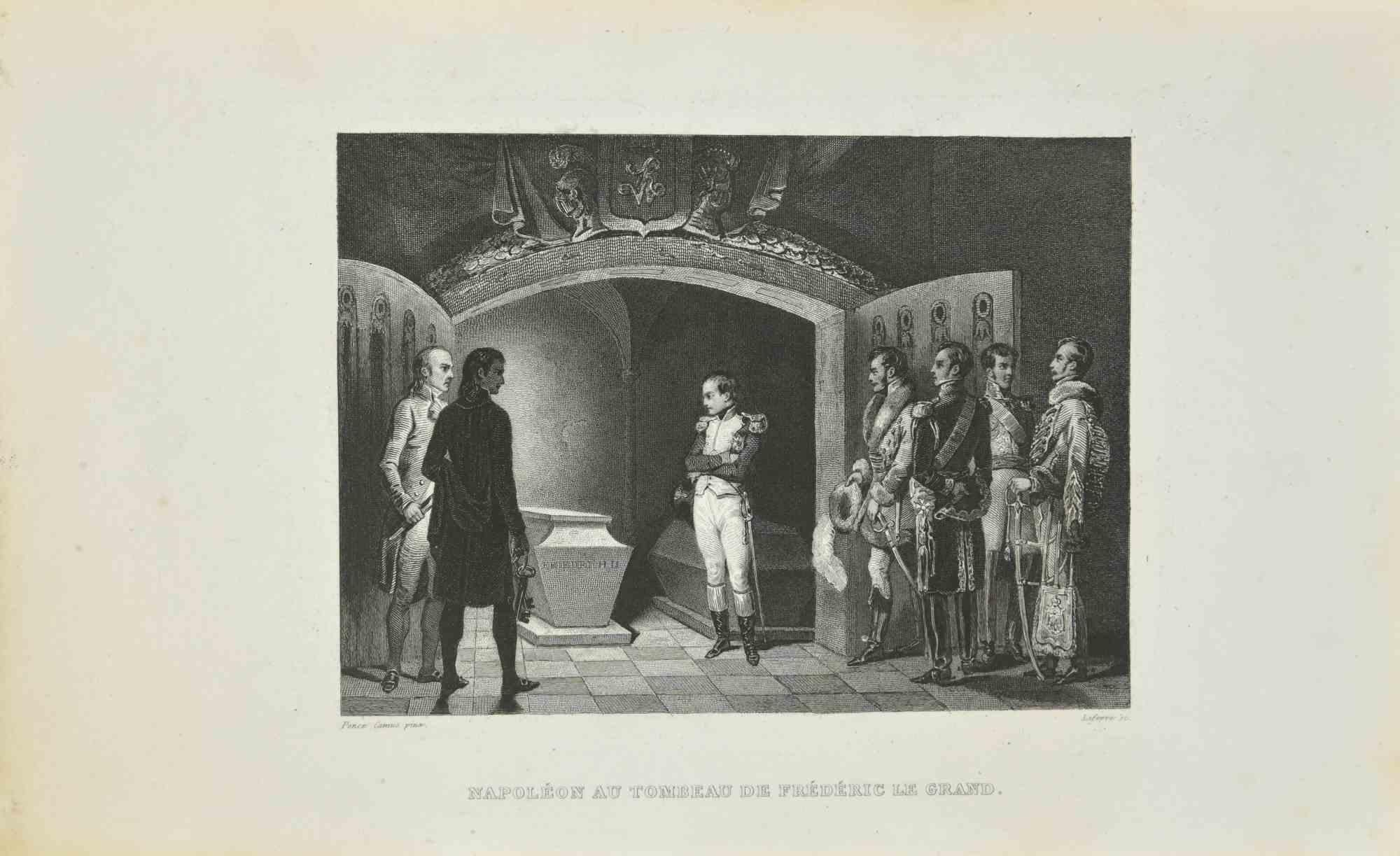 Napoleon at the Tomb of Frederick the Great is an Etching realized by Ponce Camus in 1837.

Good conditions.

The artwork is realized in a well-balanced composition. the artwork and belongs to the suite suite "AtlasBatt" realized within Jacques