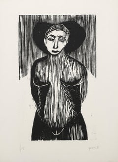 Femme debout, gravure sur bois surréaliste de Ponce